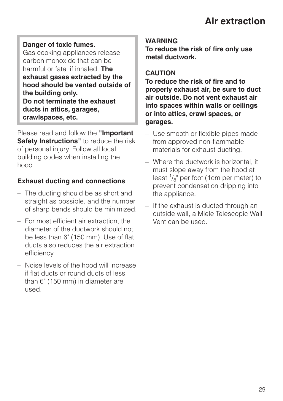 Air extraction 29, Air extraction | Miele DA 250 User Manual | Page 29 / 32