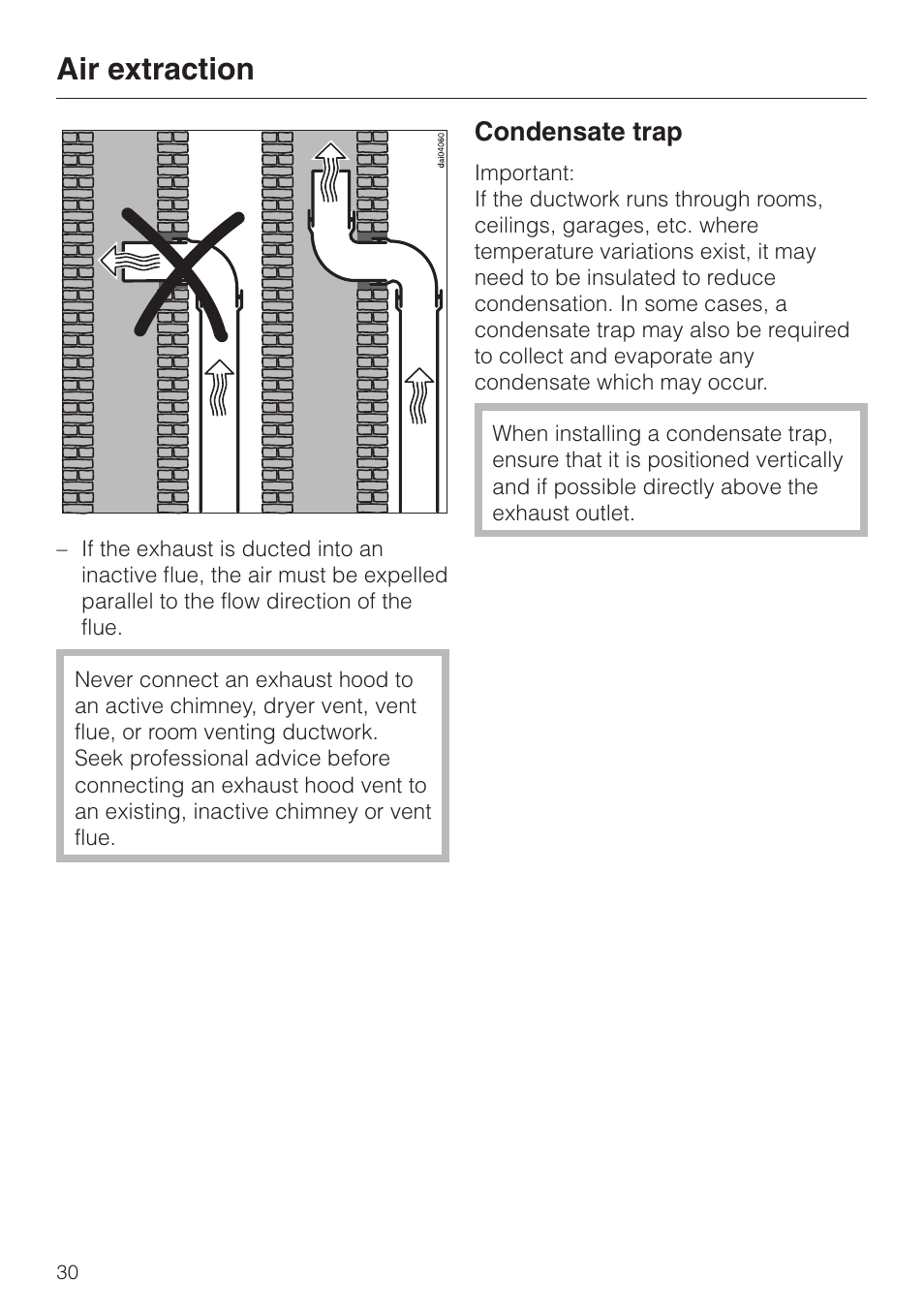 Condensate trap 30, Condensate trap, Air extraction | Miele DA 250 User Manual | Page 30 / 32