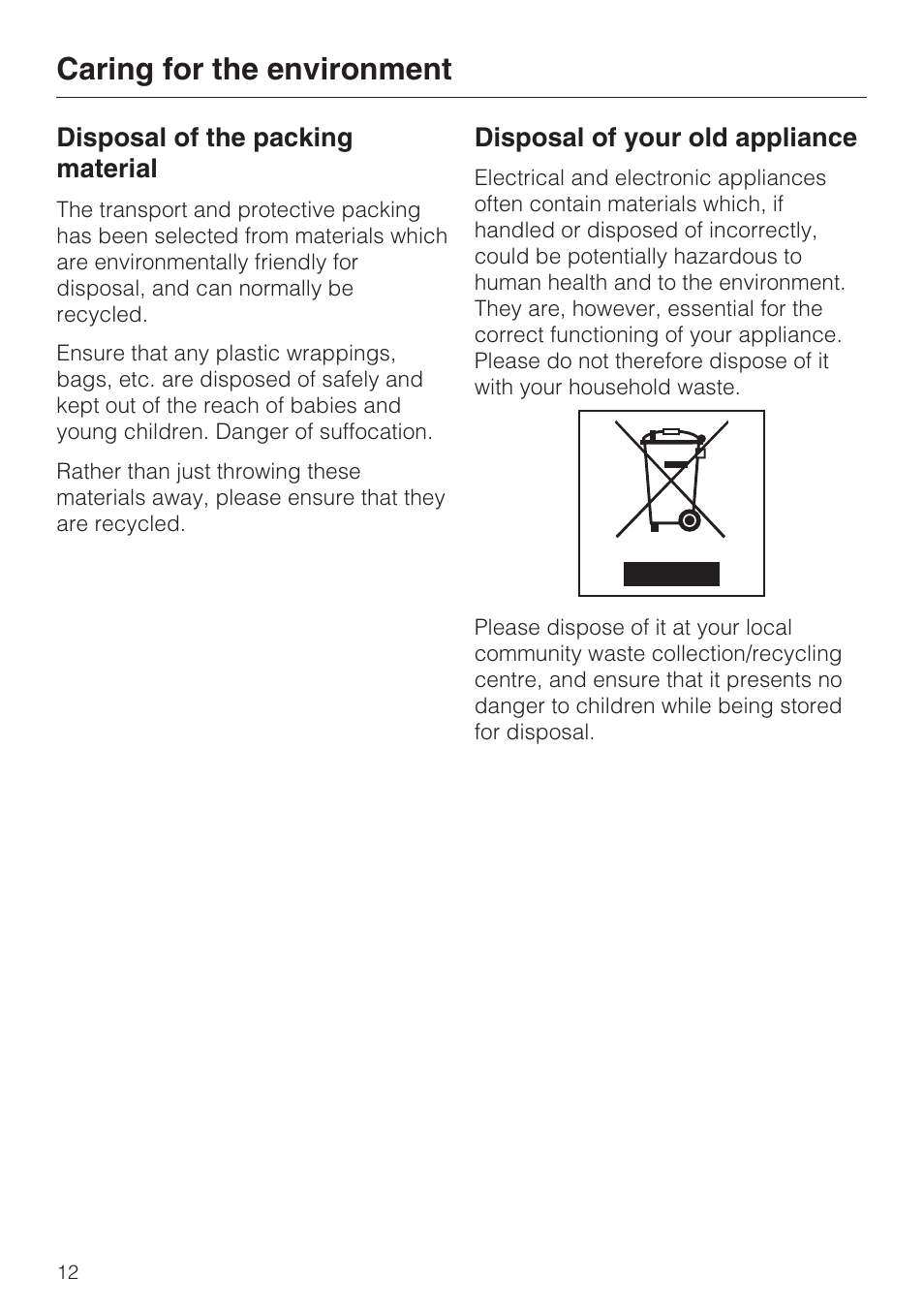 Caring for the environment 12, Caring for the environment | Miele ESW 50X0-29 User Manual | Page 12 / 44