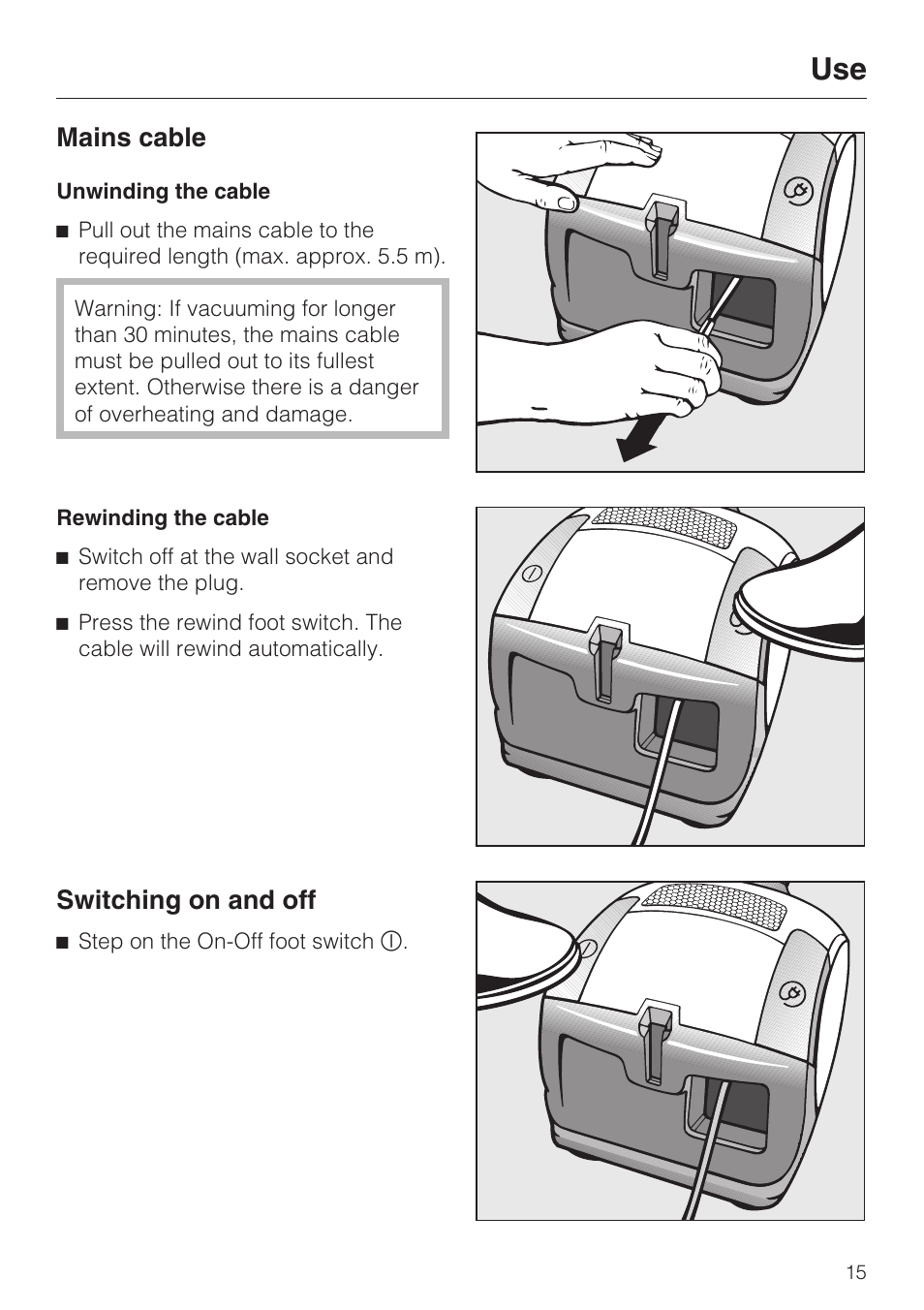 Use mains cable switching on and off, Mains cable, Switching on and off | Miele S 4000 Series User Manual | Page 15 / 40