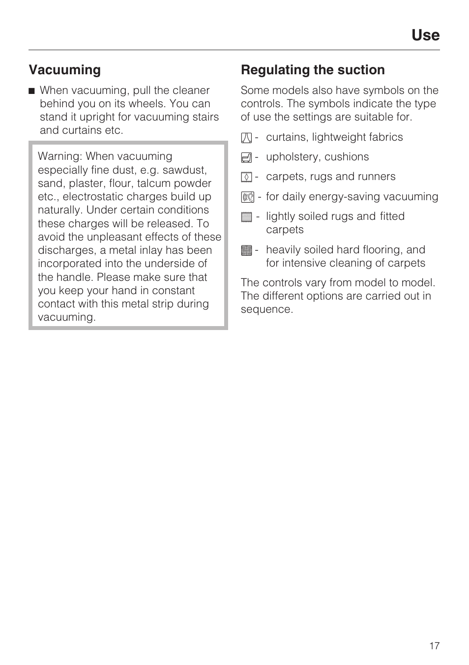 Regulating the suction, Vacuuming | Miele S 4000 Series User Manual | Page 17 / 40