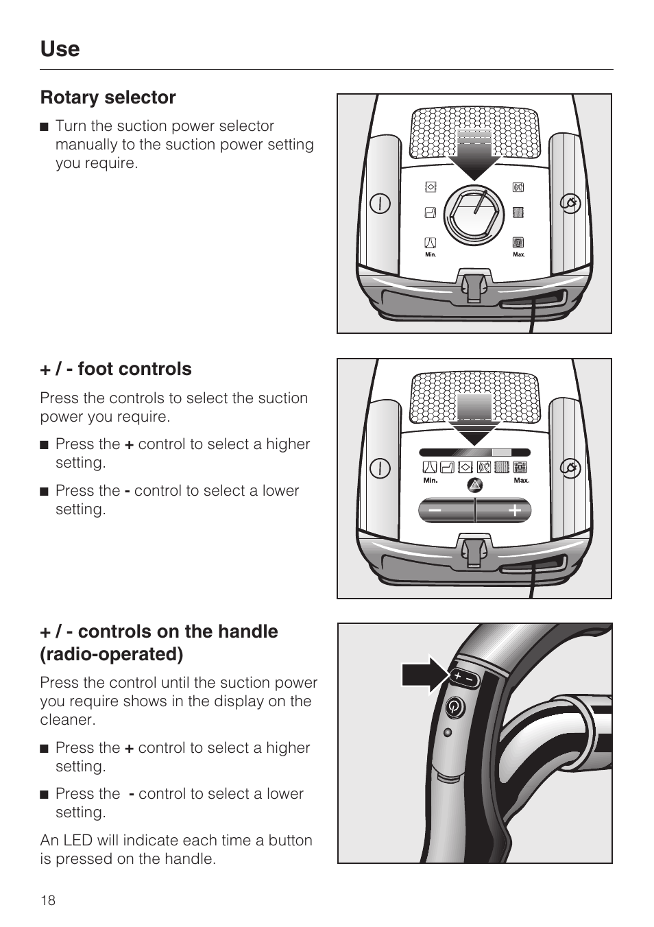 Rotary selector, Foot controls, Controls on the handle (radio-operated) | Miele S 4000 Series User Manual | Page 18 / 40