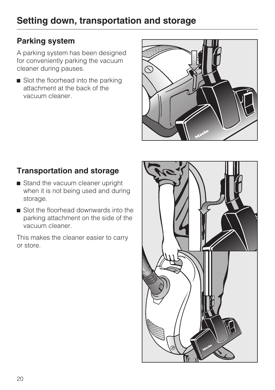 Setting down, transportation and storage, Parking system, Transportation and storage | Miele S 4000 Series User Manual | Page 20 / 40