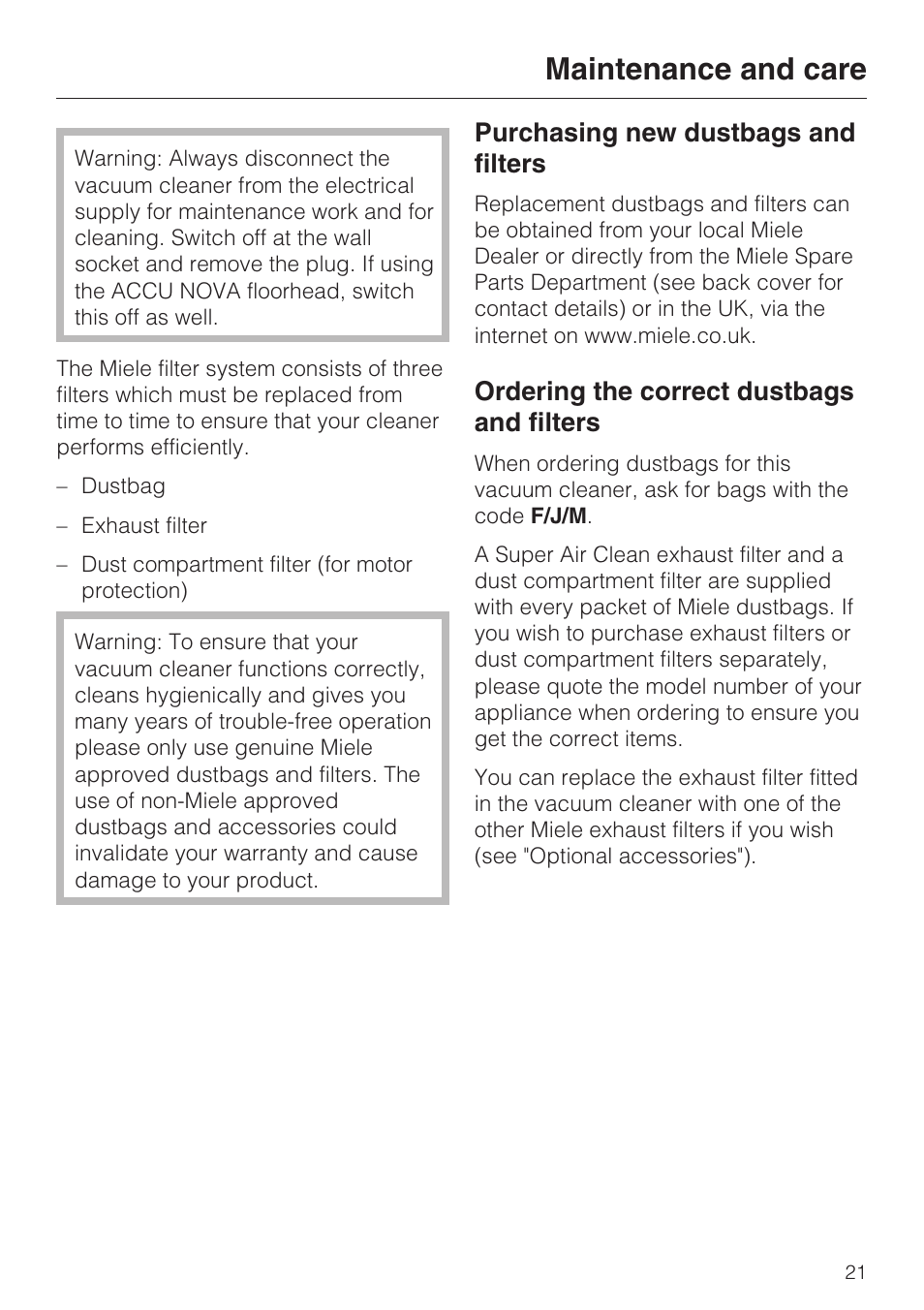 Maintenance and care, Purchasing new dustbags and filters, Ordering the correct dustbags and filters | Miele S 4000 Series User Manual | Page 21 / 40