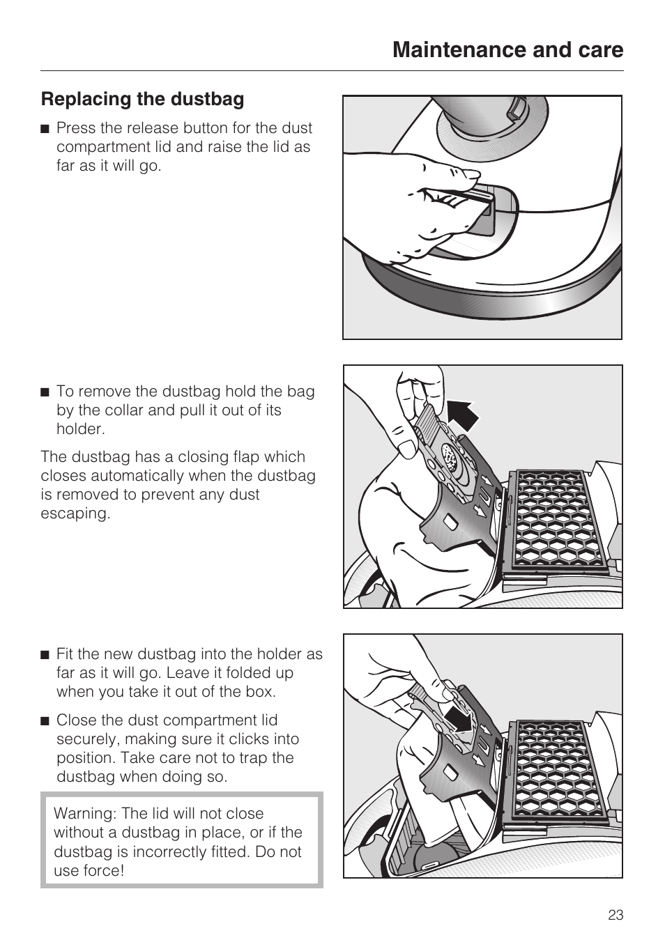 Replacing the dustbag, Maintenance and care | Miele S 4000 Series User Manual | Page 23 / 40