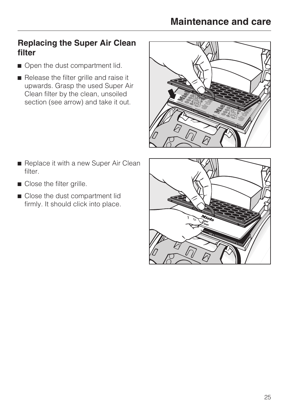 Replacing the super air clean filter, Maintenance and care | Miele S 4000 Series User Manual | Page 25 / 40