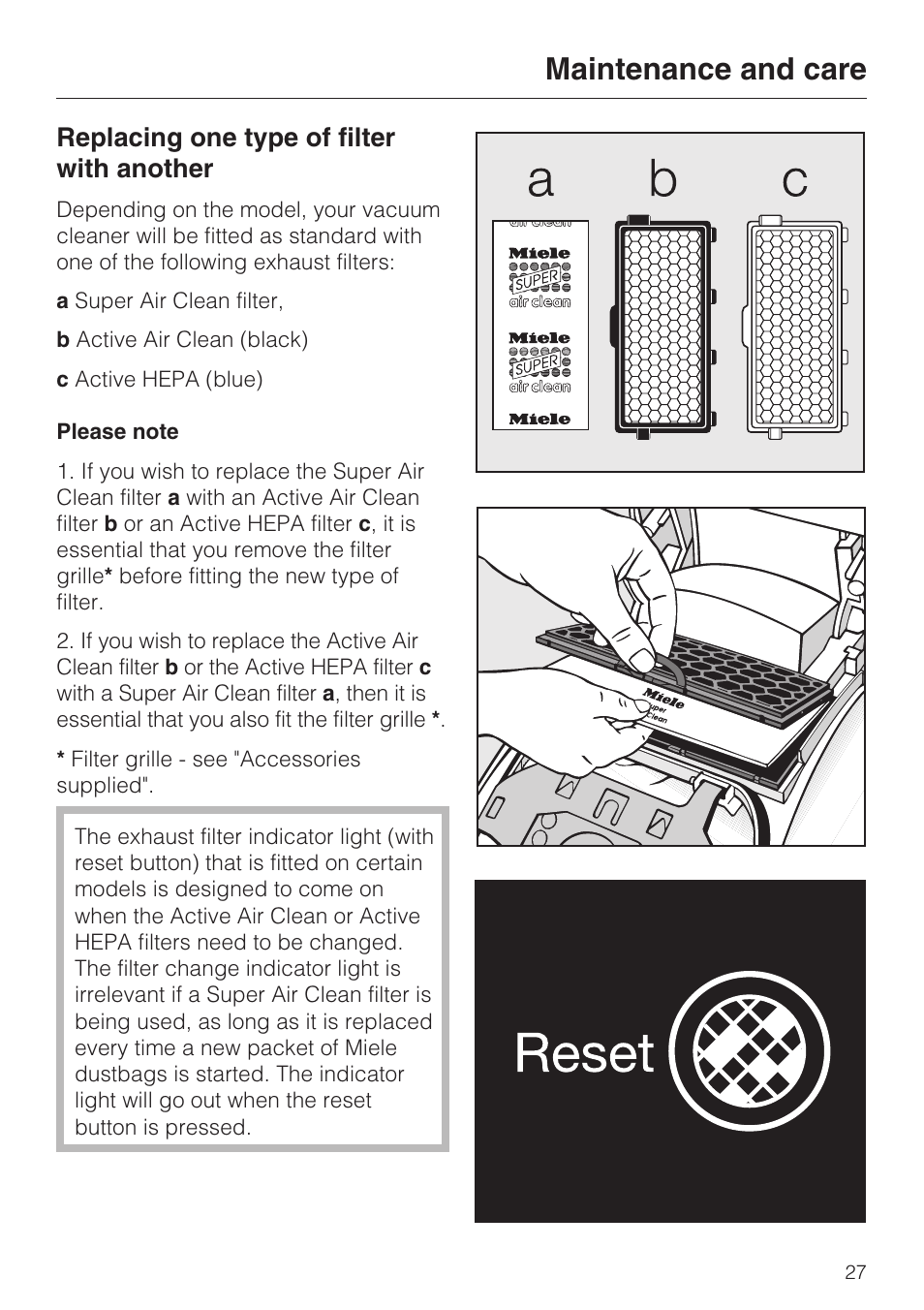 Replacing one type of filter with another, Maintenance and care | Miele S 4000 Series User Manual | Page 27 / 40