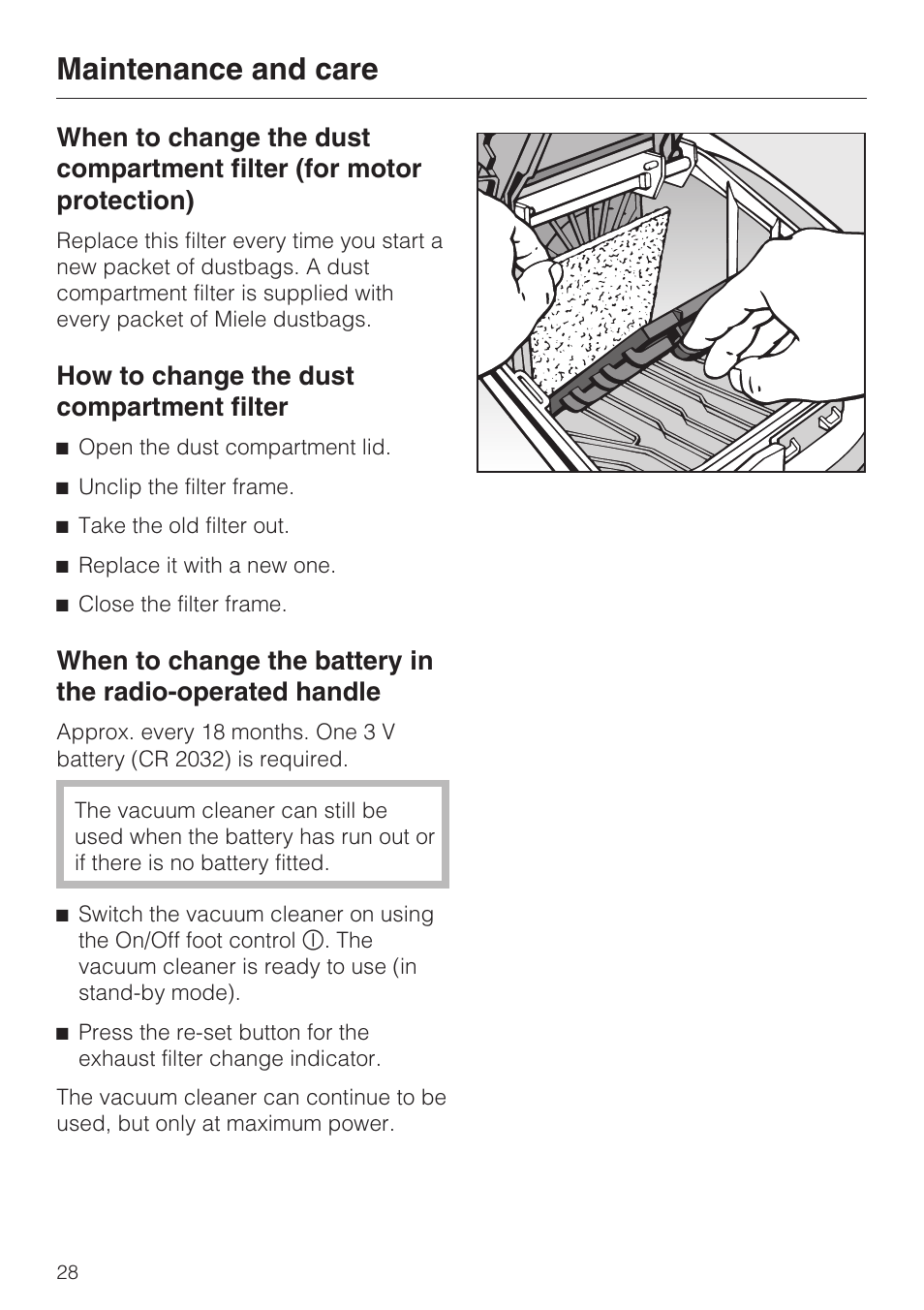 Maintenance and care, How to change the dust compartment filter | Miele S 4000 Series User Manual | Page 28 / 40