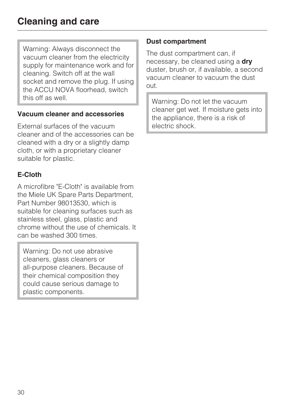 Cleaning and care | Miele S 4000 Series User Manual | Page 30 / 40