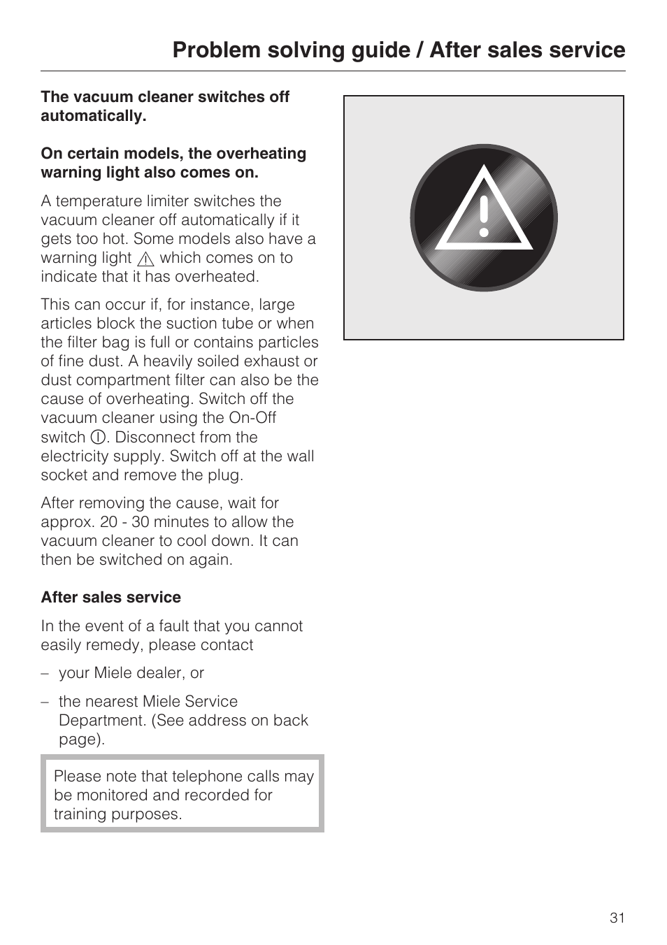 Problem solving guide / after sales service | Miele S 4000 Series User Manual | Page 31 / 40