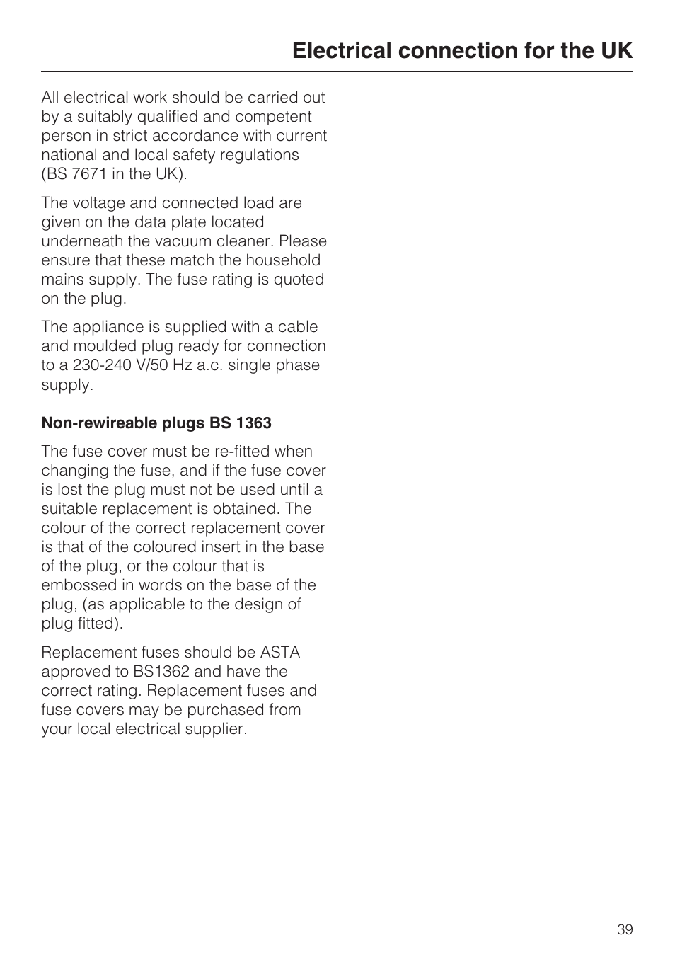 Electrical connection for the uk | Miele S 4000 Series User Manual | Page 39 / 40