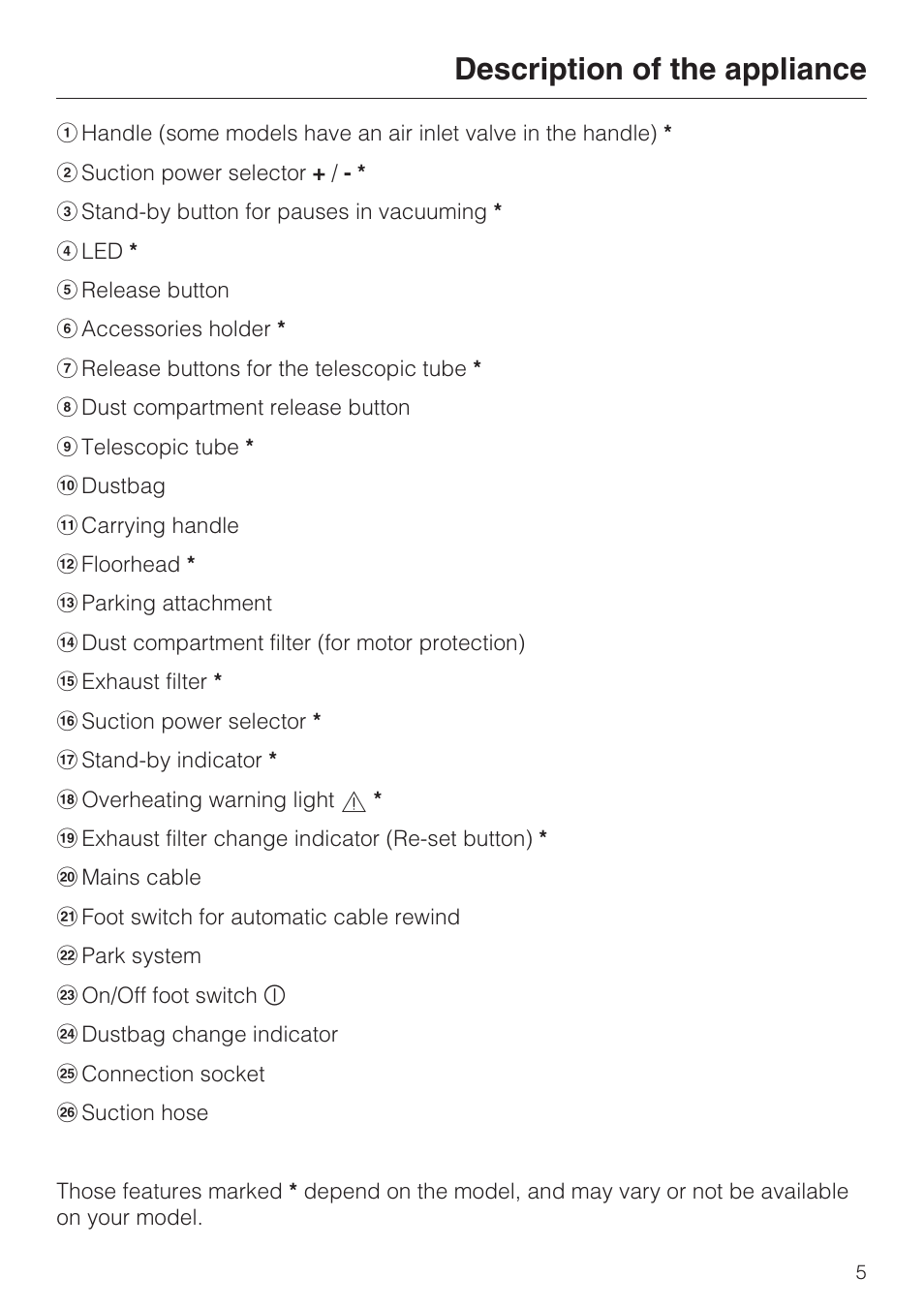 Description of the appliance | Miele S 4000 Series User Manual | Page 5 / 40