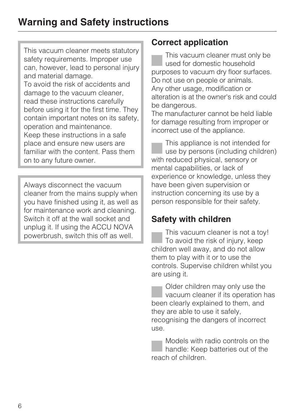 Warning and safety instructions, Correct application, Safety with children | Miele S 4000 Series User Manual | Page 6 / 40
