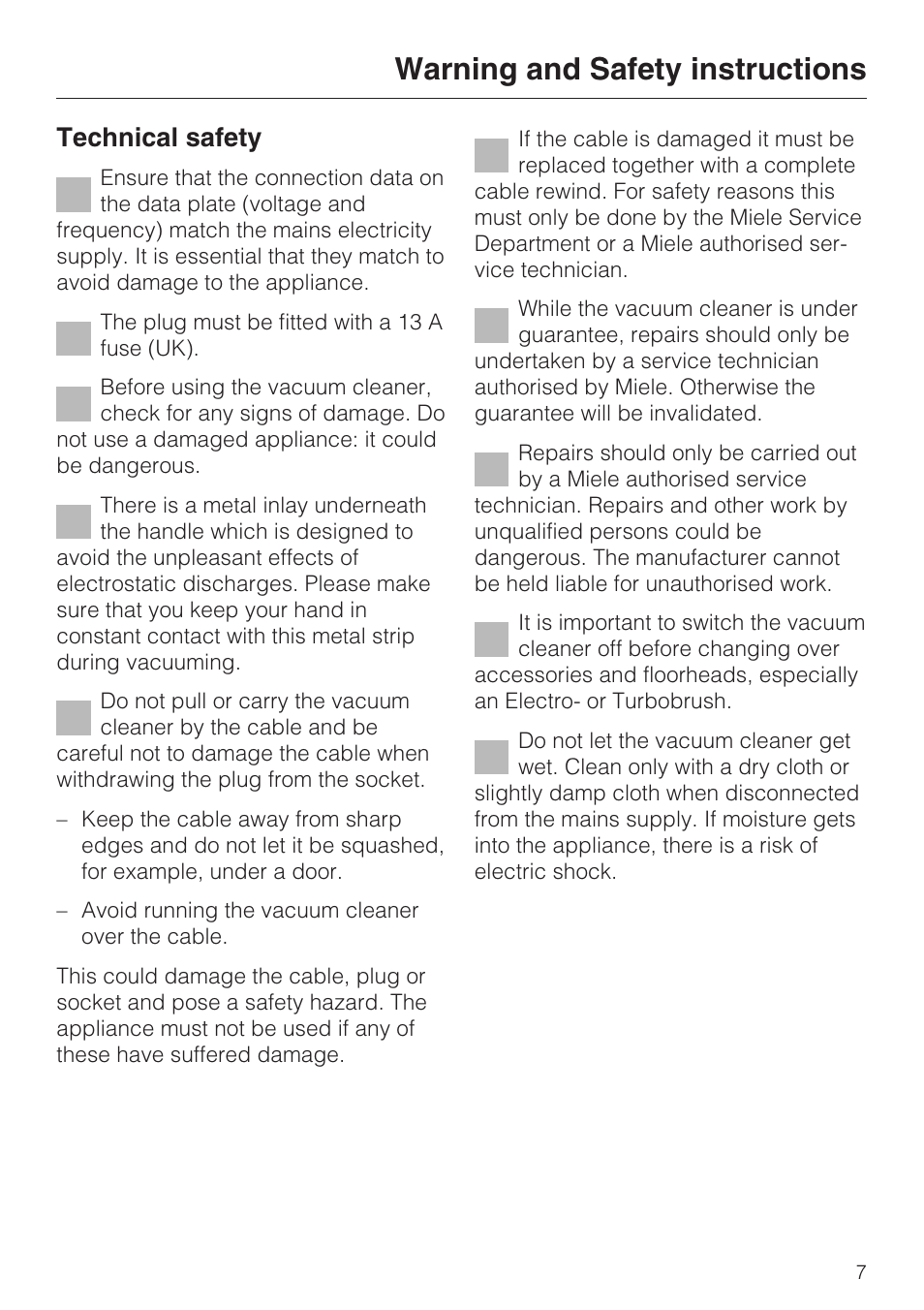 Warning and safety instructions, Technical safety | Miele S 4000 Series User Manual | Page 7 / 40