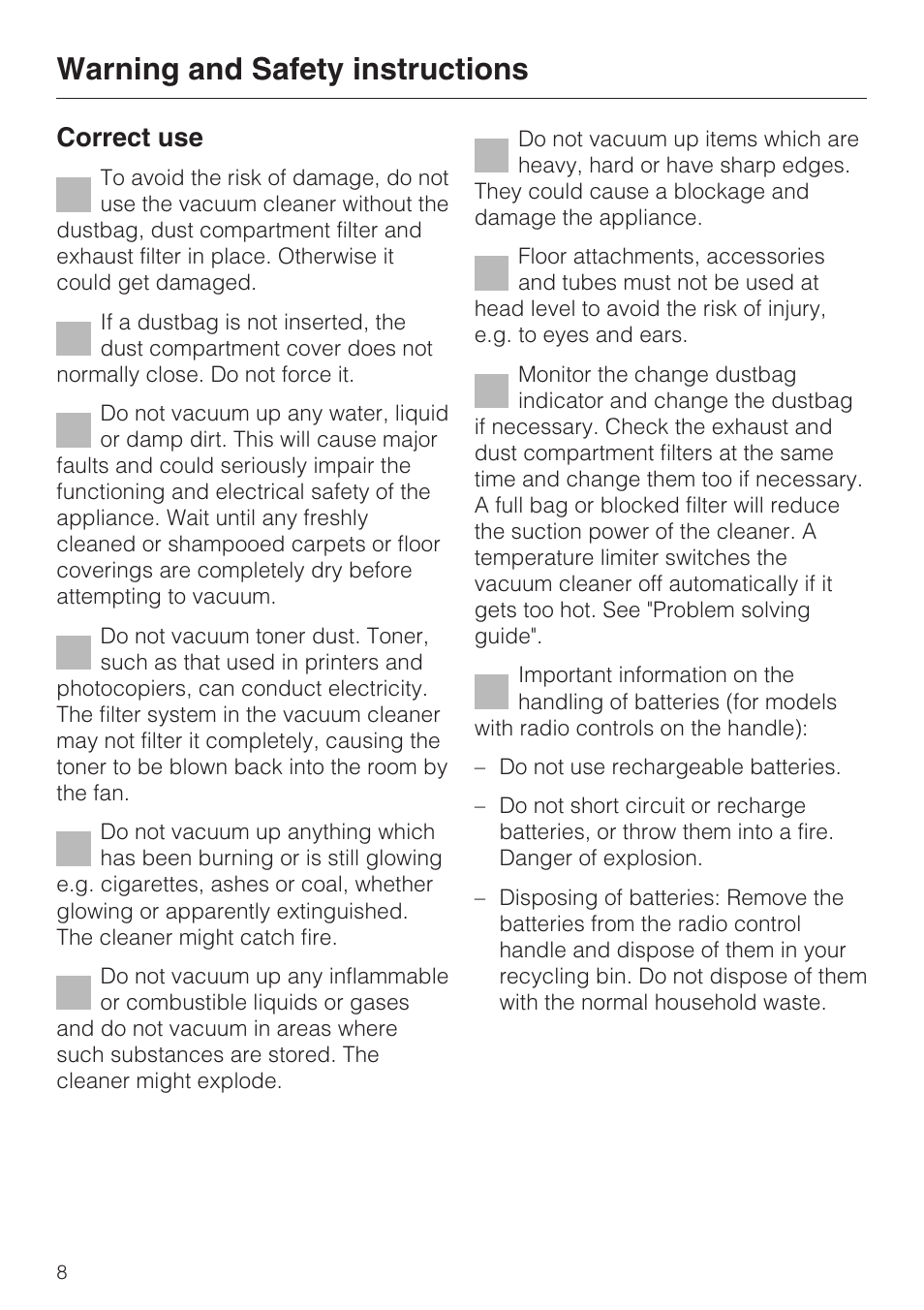 Warning and safety instructions, Correct use | Miele S 4000 Series User Manual | Page 8 / 40