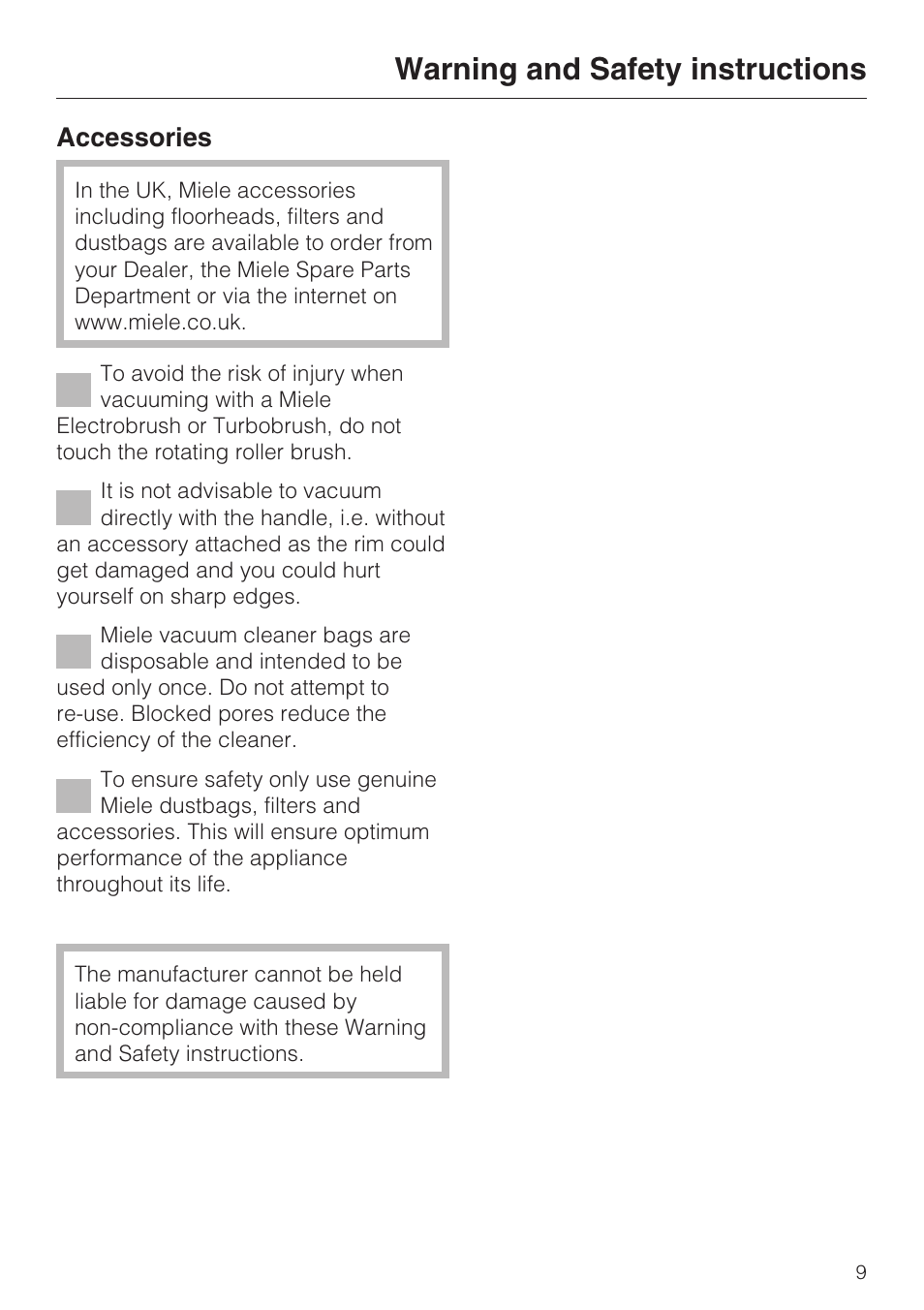 Warning and safety instructions, Accessories | Miele S 4000 Series User Manual | Page 9 / 40