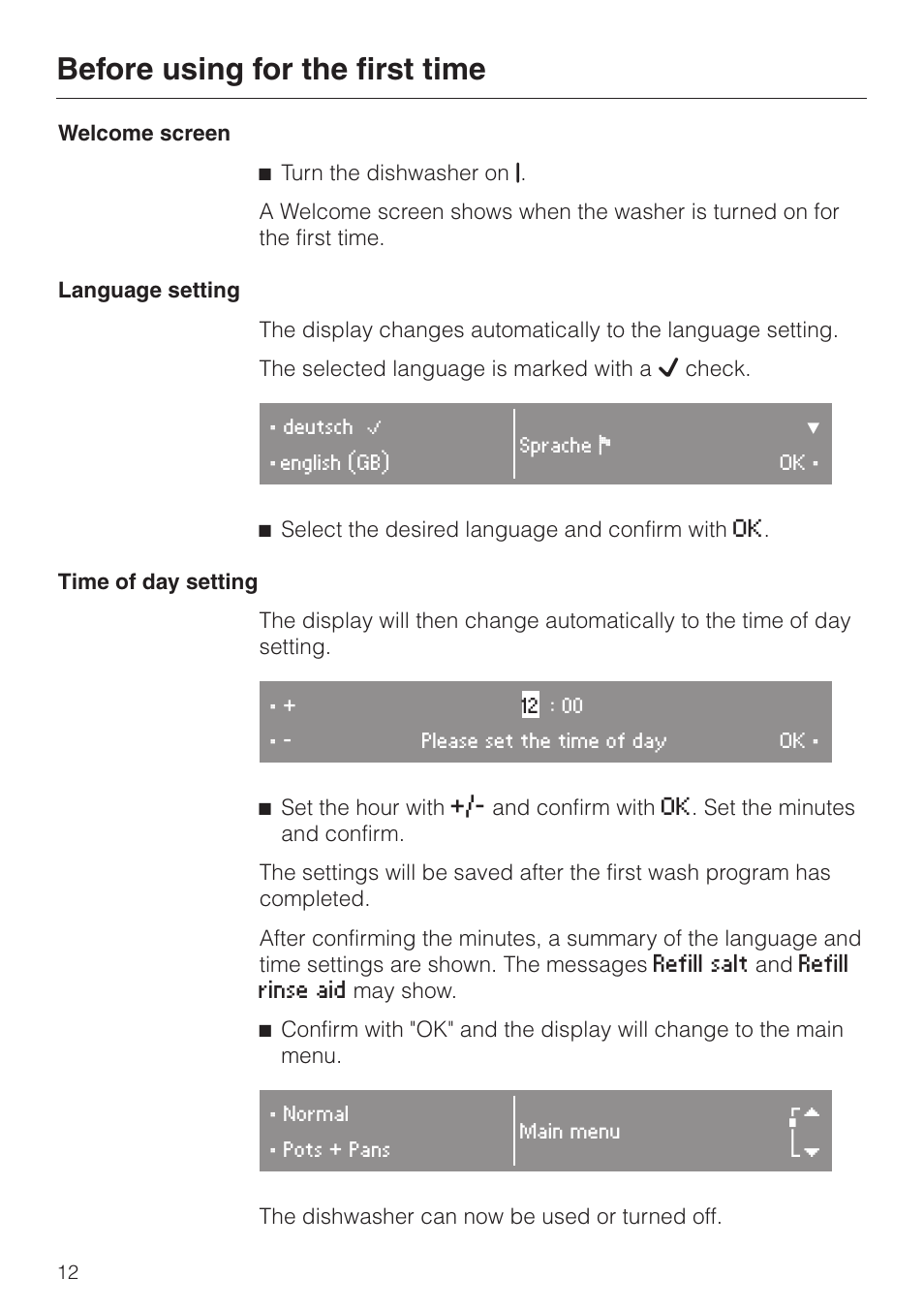 Language setting 12, Time of day setting 12, Before using for the first time | Miele G 2670 SC User Manual | Page 12 / 76