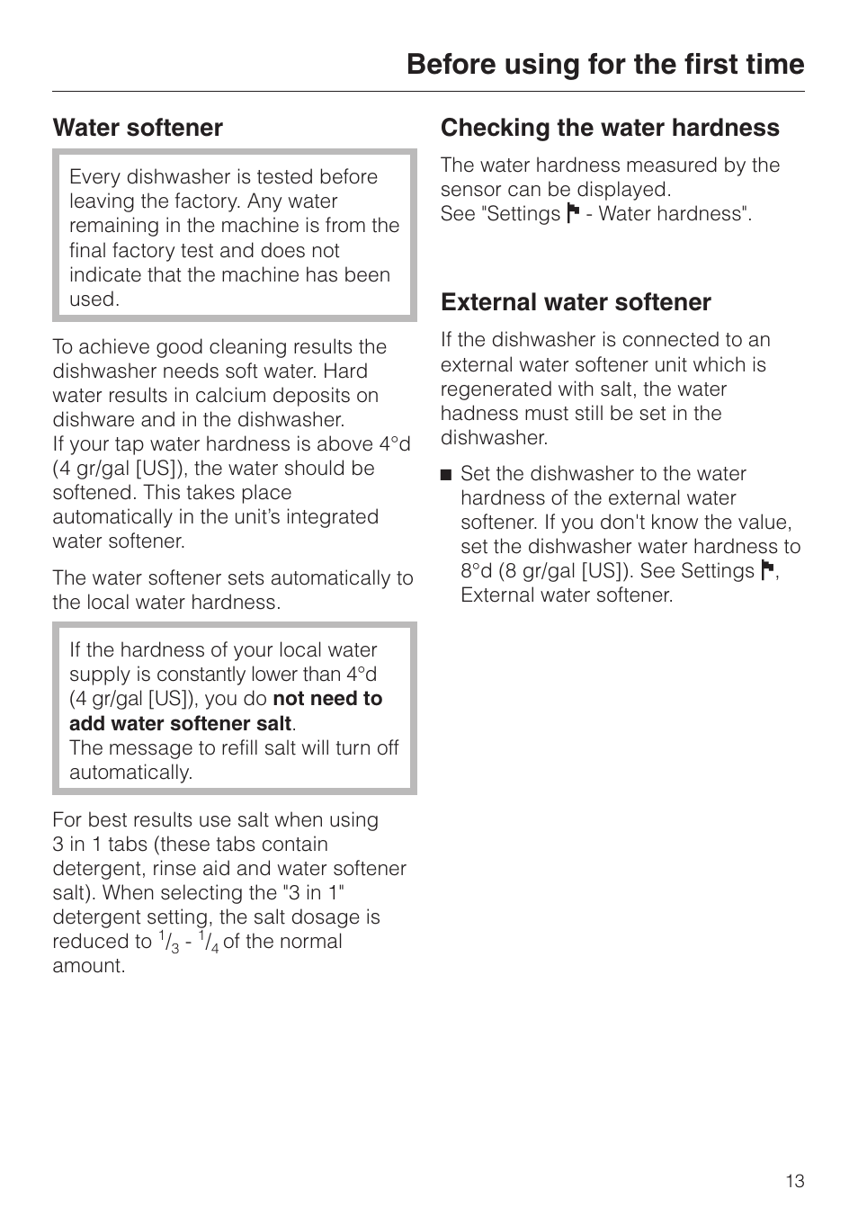 Water softener 13, Before using for the first time, Water softener | Checking the water hardness, External water softener | Miele G 2670 SC User Manual | Page 13 / 76