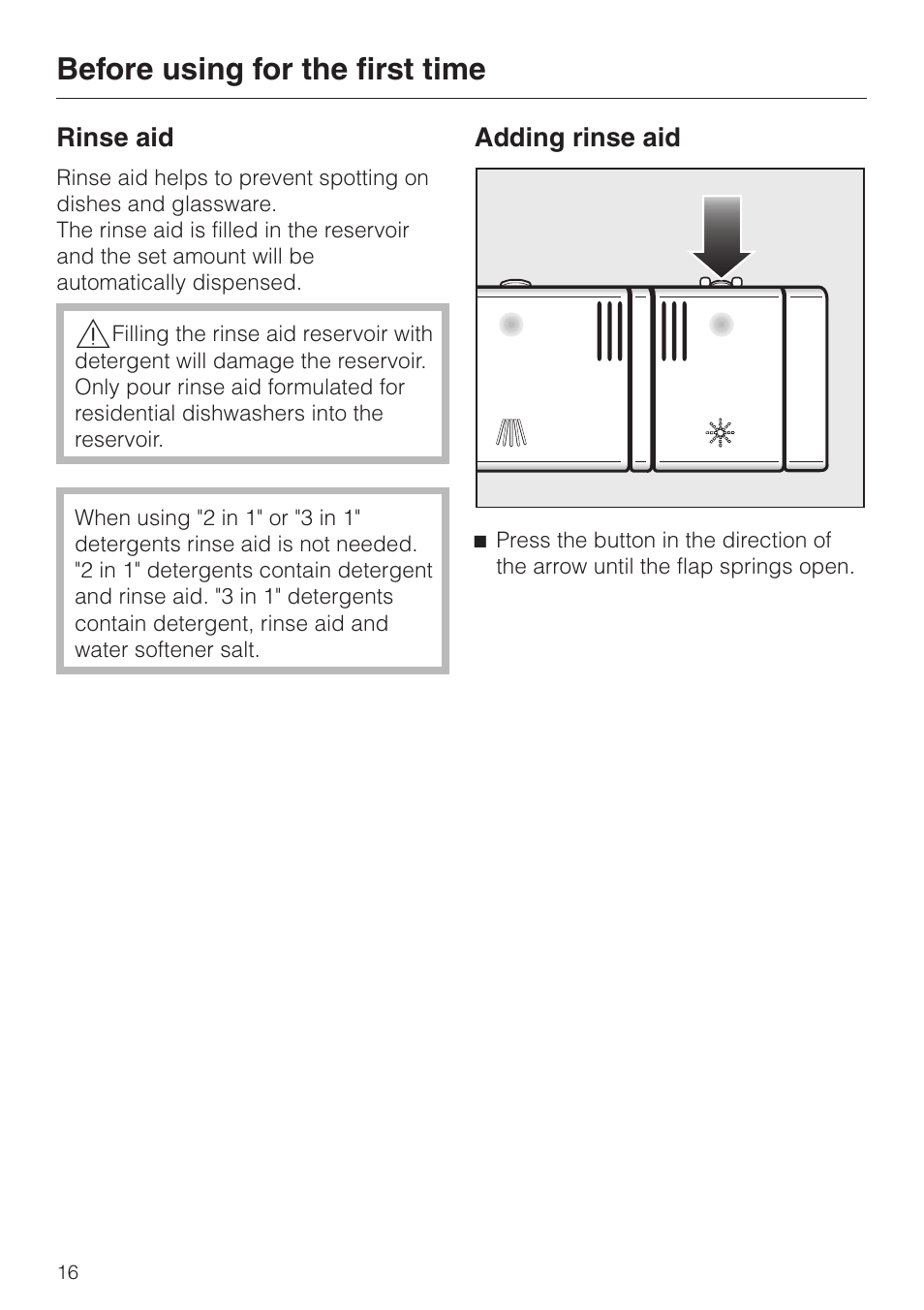 Rinse aid 16, Adding rinse aid 16, Before using for the first time | Miele G 2670 SC User Manual | Page 16 / 76