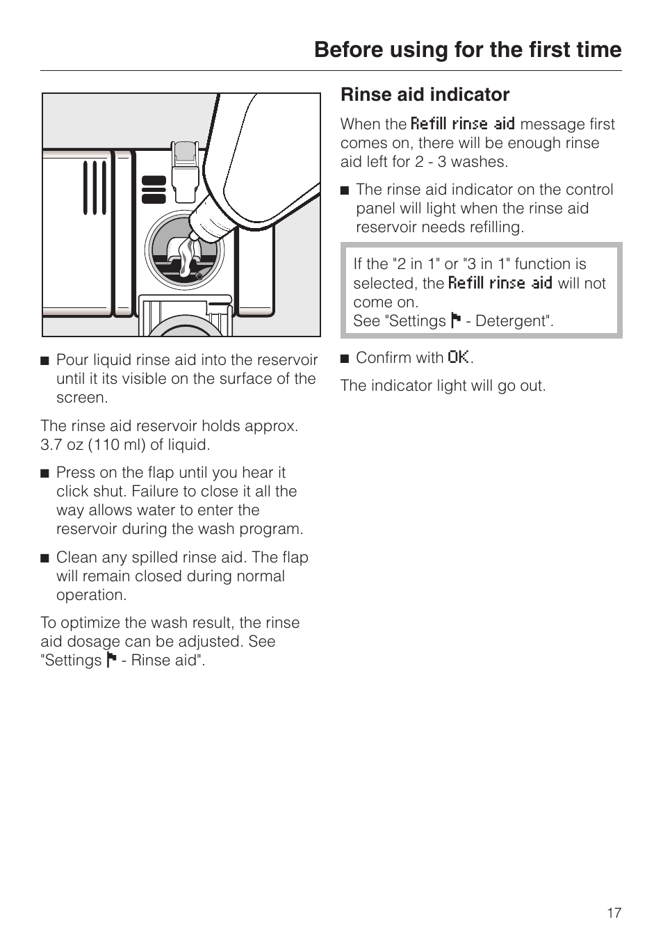 Rinse aid indicator 17, Before using for the first time, Rinse aid indicator | Miele G 2670 SC User Manual | Page 17 / 76