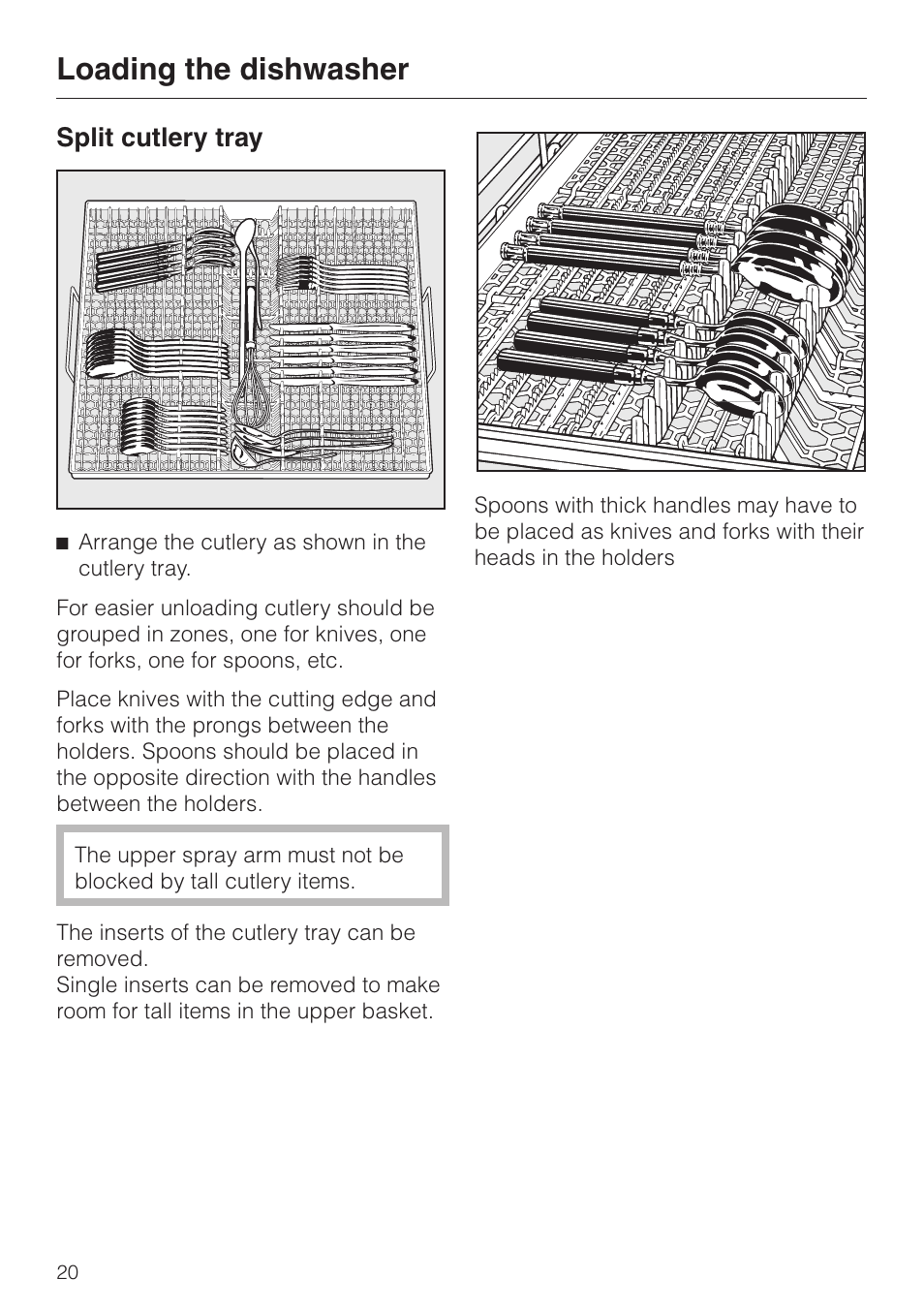 Split cutlery tray 20, Loading the dishwasher, Split cutlery tray | Miele G 2670 SC User Manual | Page 20 / 76