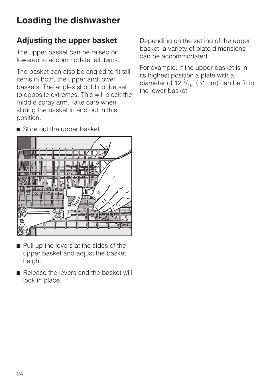 Adjusting the upper basket 24, Loading the dishwasher, Adjusting the upper basket | Miele G 2670 SC User Manual | Page 24 / 76