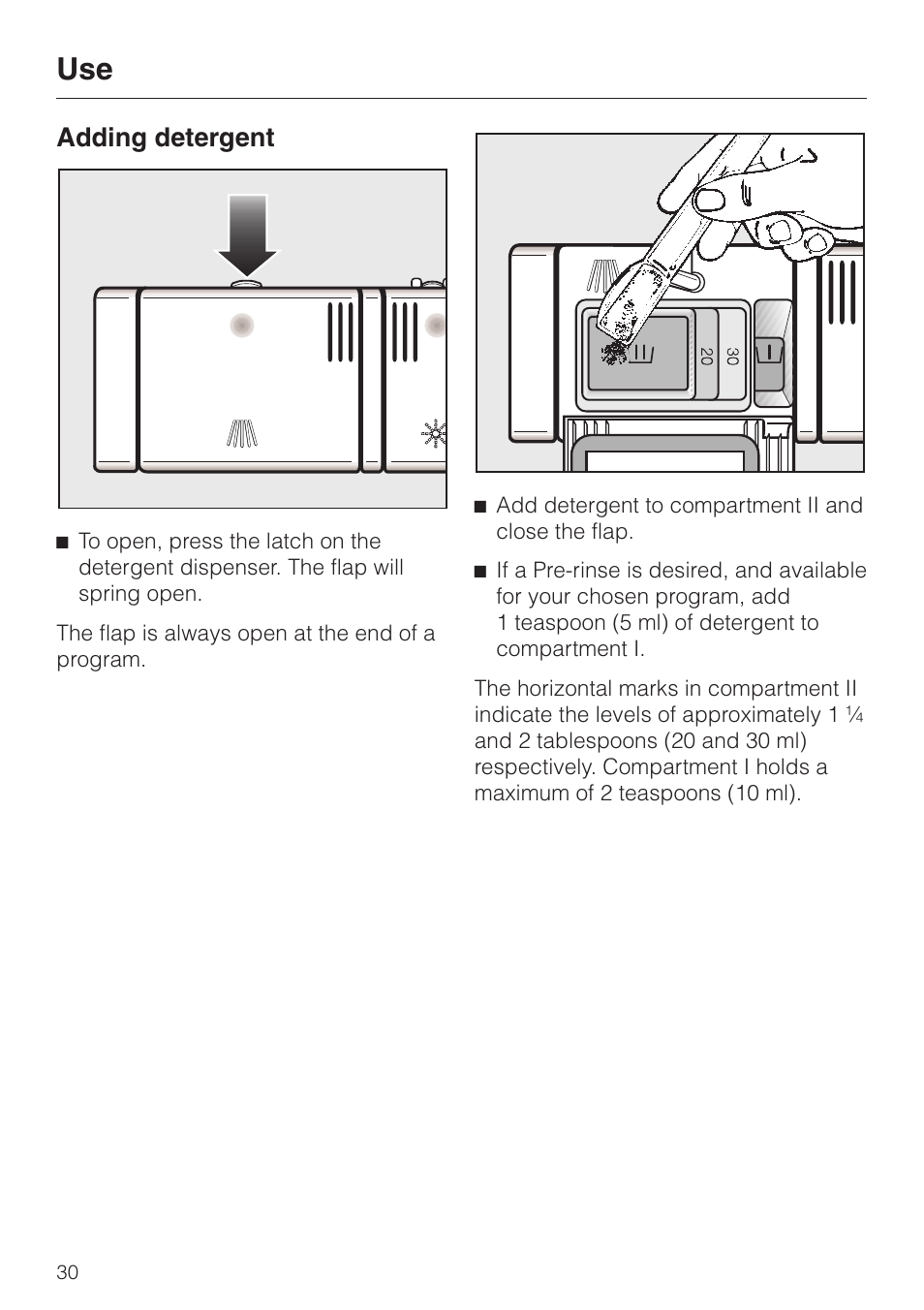 Adding detergent 30, Adding detergent | Miele G 2670 SC User Manual | Page 30 / 76