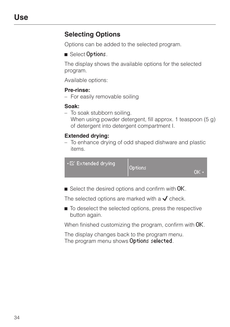 Use 34, Selecting options 34, Selecting options | Miele G 2670 SC User Manual | Page 34 / 76