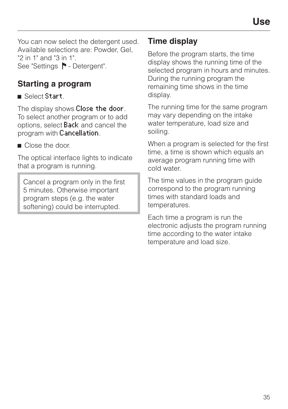 Starting a program 35, Time display 35, Starting a program | Time display | Miele G 2670 SC User Manual | Page 35 / 76