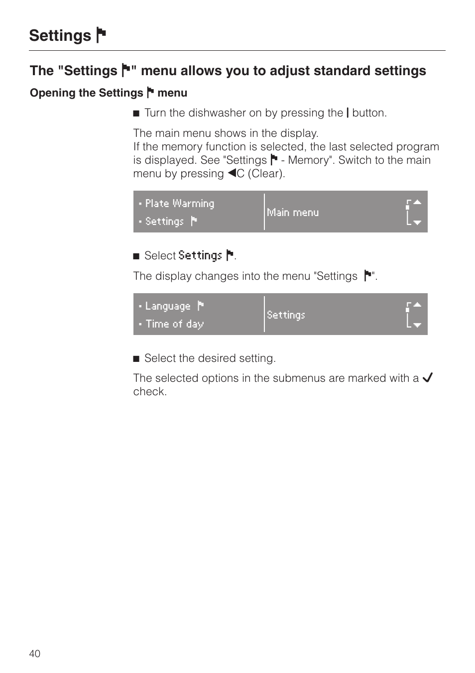 Settings j 40, Settings j | Miele G 2670 SC User Manual | Page 40 / 76