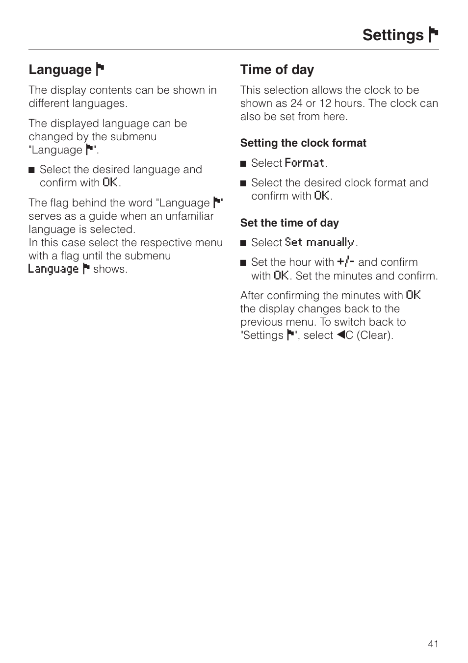 Settings j, Language j, Time of day | Miele G 2670 SC User Manual | Page 41 / 76