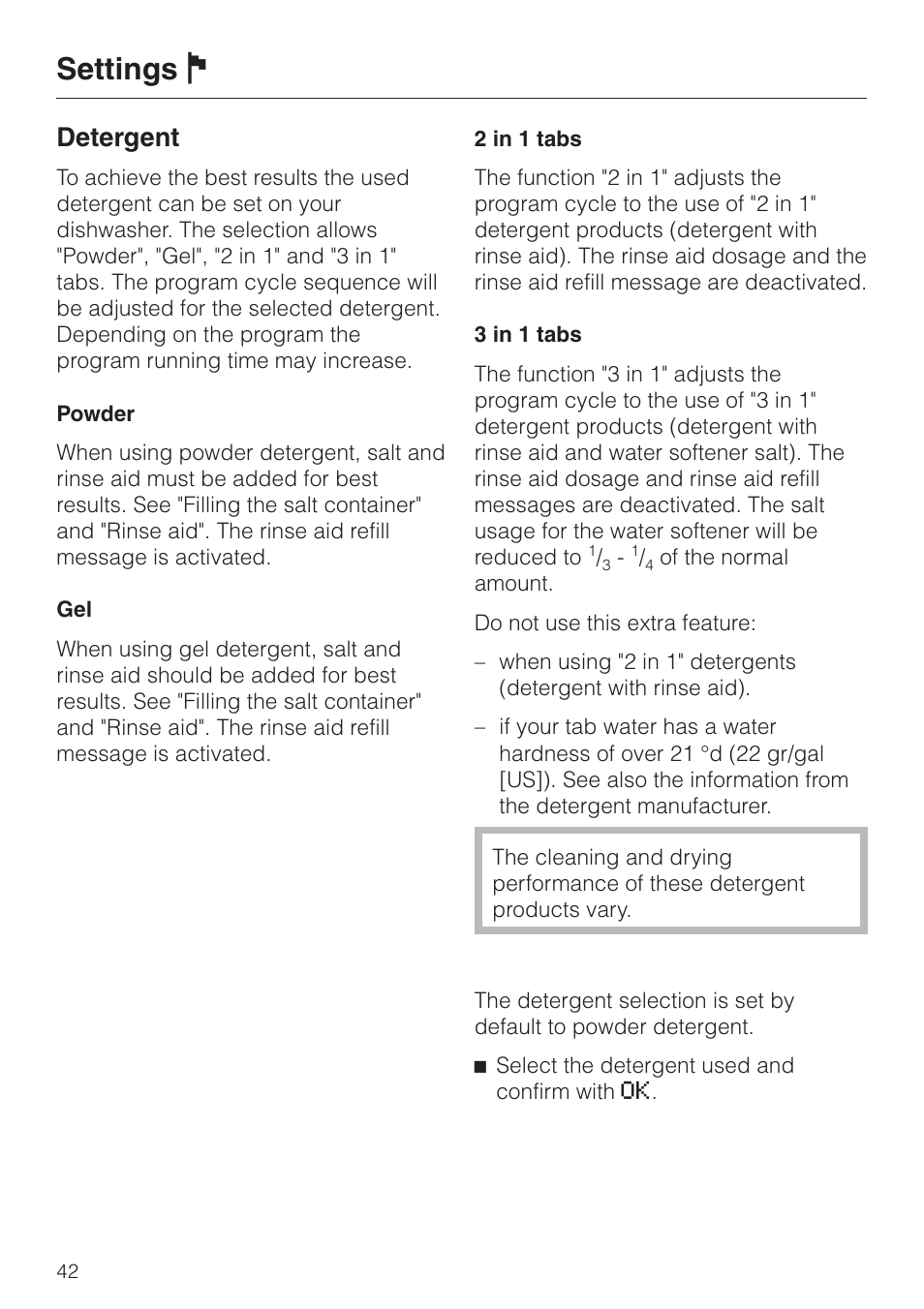 Settings j, Detergent | Miele G 2670 SC User Manual | Page 42 / 76