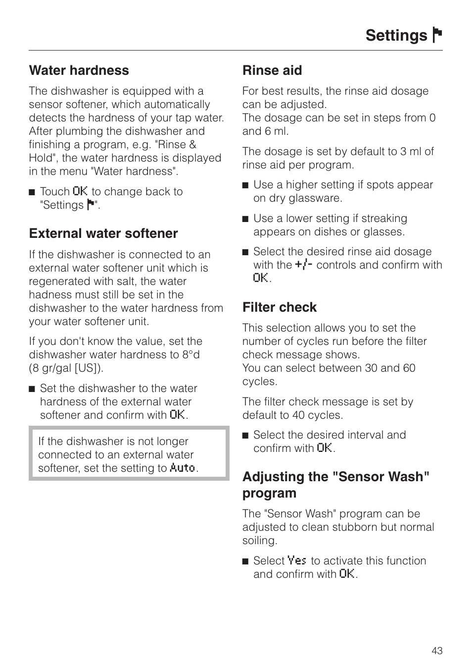 Settings j, Water hardness, External water softener | Rinse aid, Filter check, Adjusting the "sensor wash" program | Miele G 2670 SC User Manual | Page 43 / 76