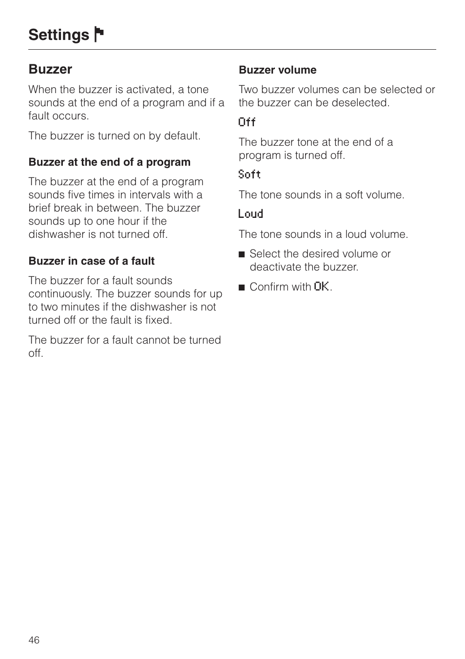 Settings j, Buzzer | Miele G 2670 SC User Manual | Page 46 / 76