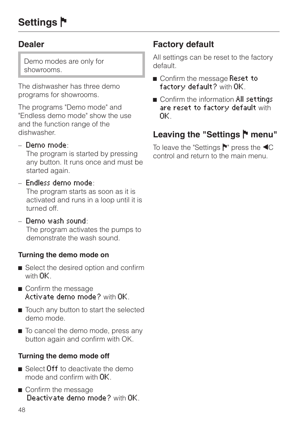 Leaving the "settings j menu" 48, Settings j, Dealer | Factory default, Leaving the "settings j menu | Miele G 2670 SC User Manual | Page 48 / 76