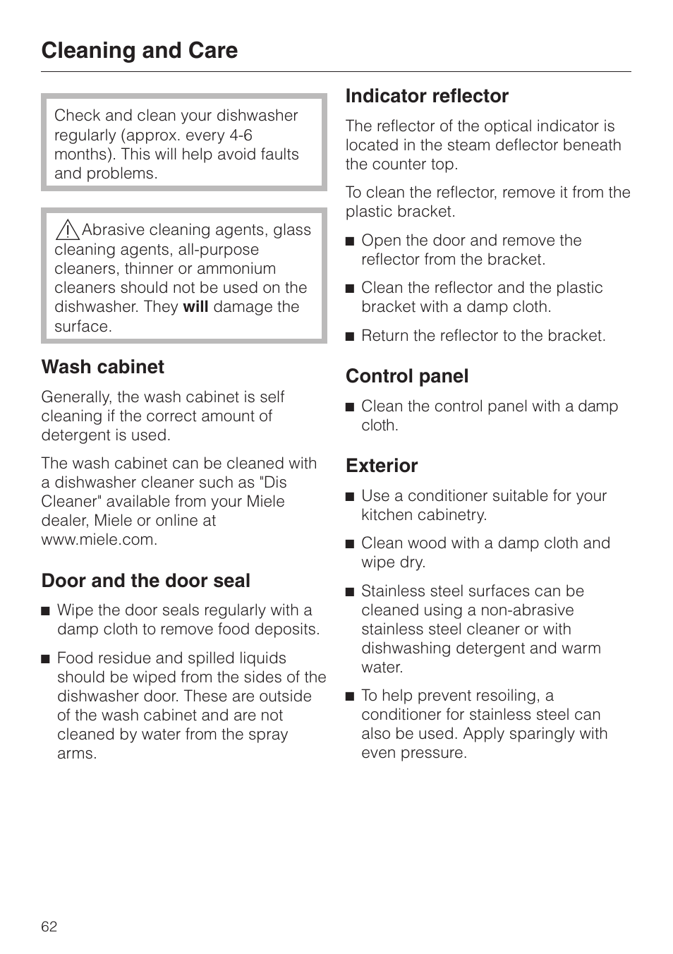 Cleaning and care 62, Cleaning and care, Wash cabinet | Door and the door seal, Indicator reflector, Control panel, Exterior | Miele G 2670 SC User Manual | Page 62 / 76