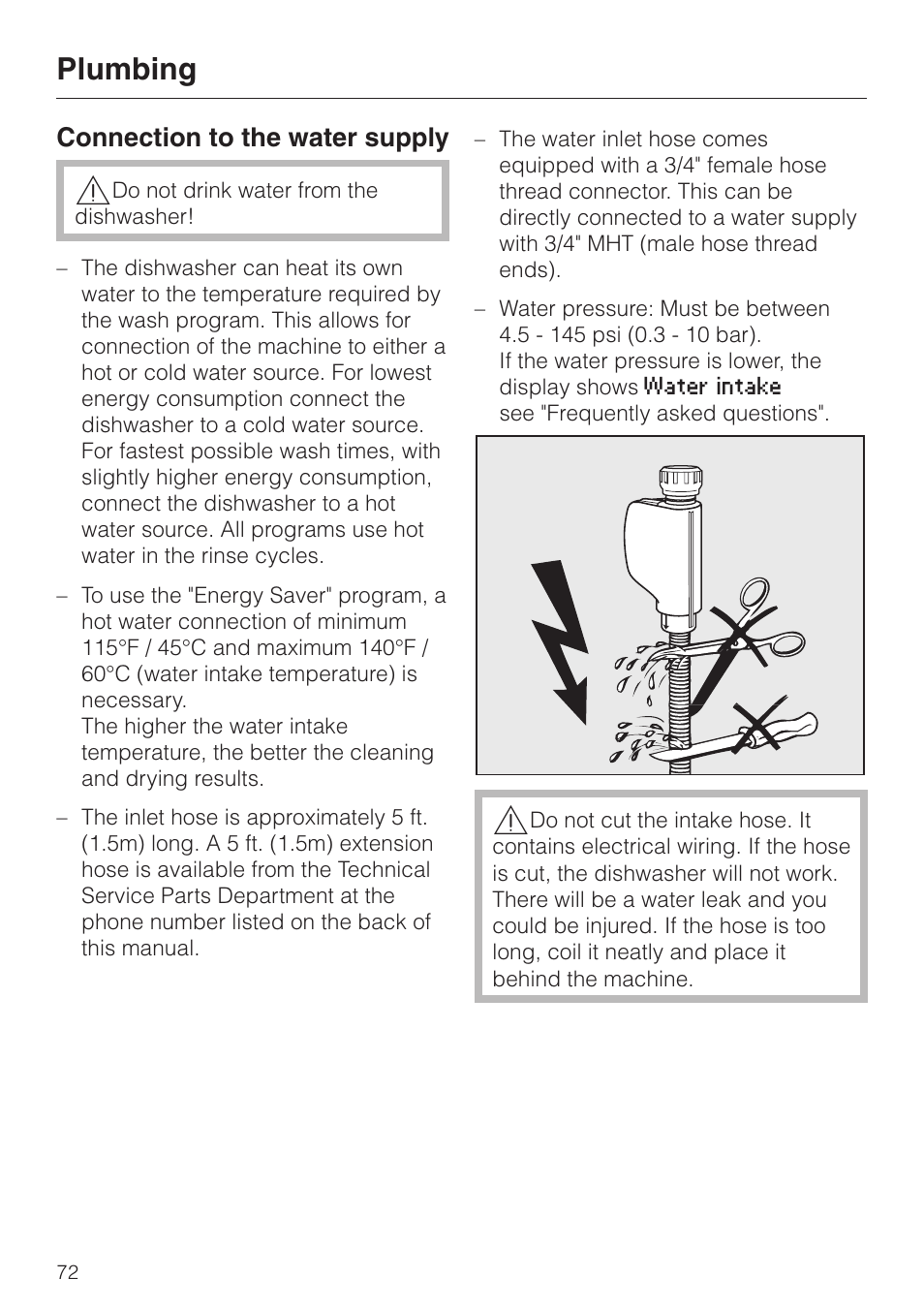 Plumbing 72, Connection to the water supply 72, Plumbing | Connection to the water supply | Miele G 2670 SC User Manual | Page 72 / 76