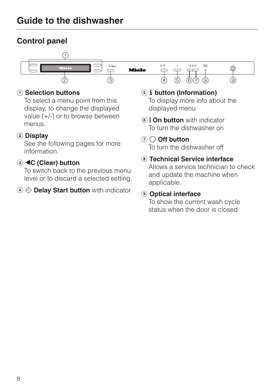 Control panel 8, Guide to the dishwasher, Control panel | Miele G 2670 SC User Manual | Page 8 / 76