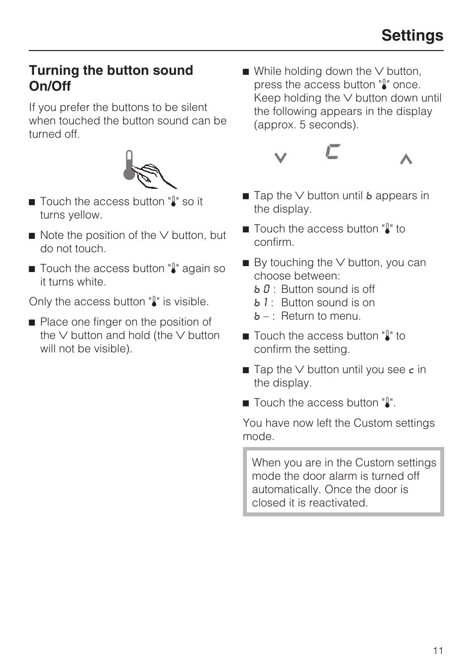 Turning the button sound on/off 11, Settings, Turning the button sound on/off | Miele F1411SF User Manual | Page 11 / 72