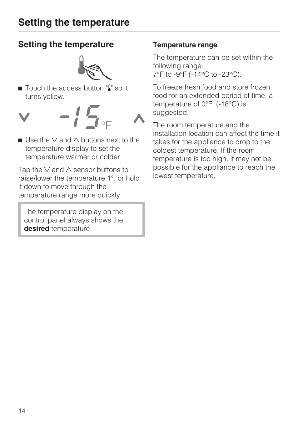 Setting the temperature 14, Setting the temperature | Miele F1411SF User Manual | Page 14 / 72