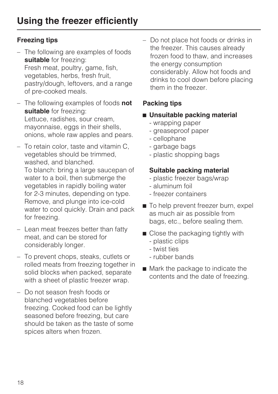 Using the freezer efficiently | Miele F1411SF User Manual | Page 18 / 72