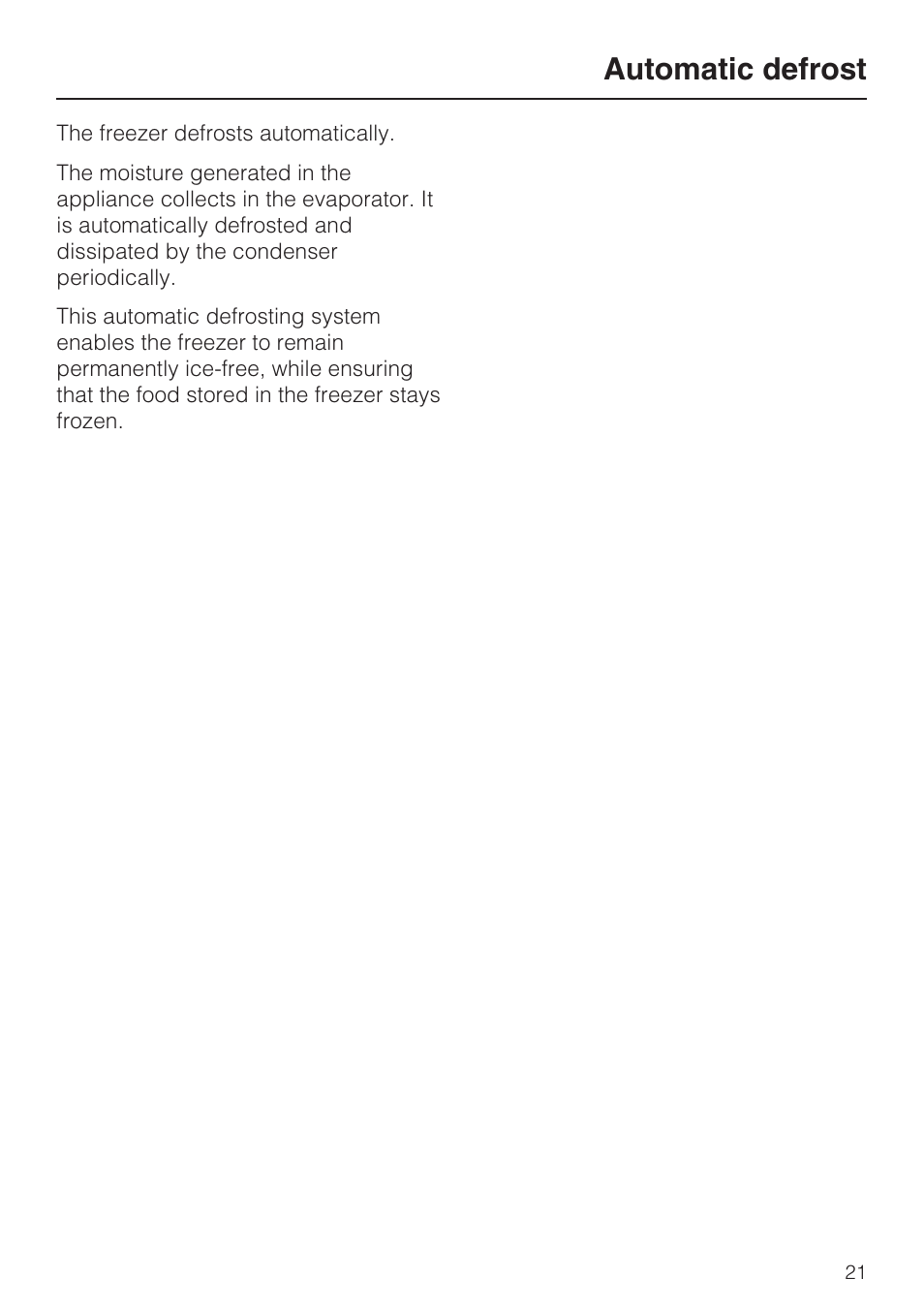 Automatic defrost 21, Automatic defrost | Miele F1411SF User Manual | Page 21 / 72