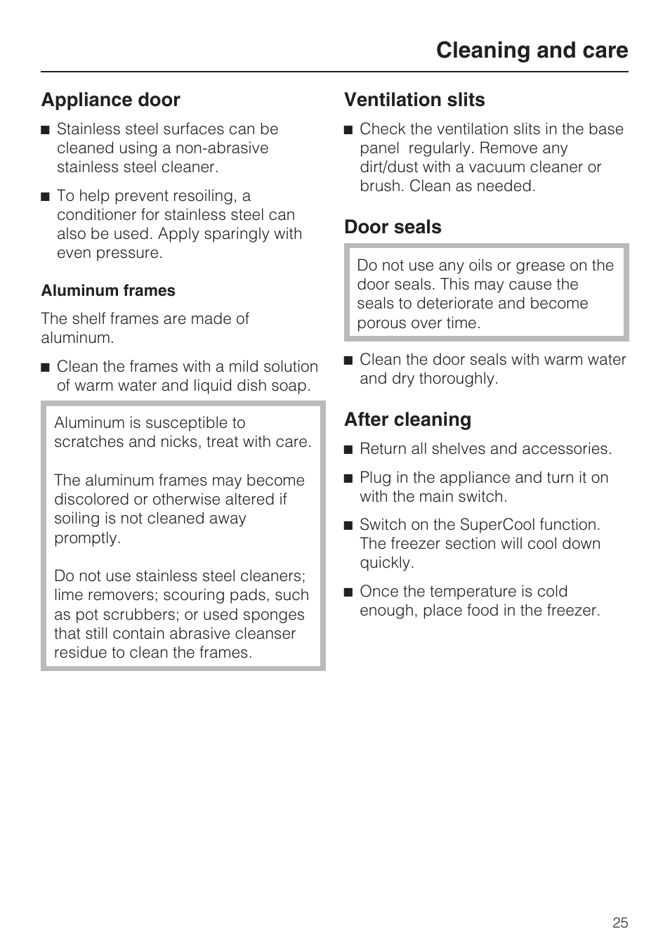 Appliance door 25, Ventilation slits 25, Door seals 25 | Cleaning and care, Appliance door, Ventilation slits, Door seals, After cleaning | Miele F1411SF User Manual | Page 25 / 72
