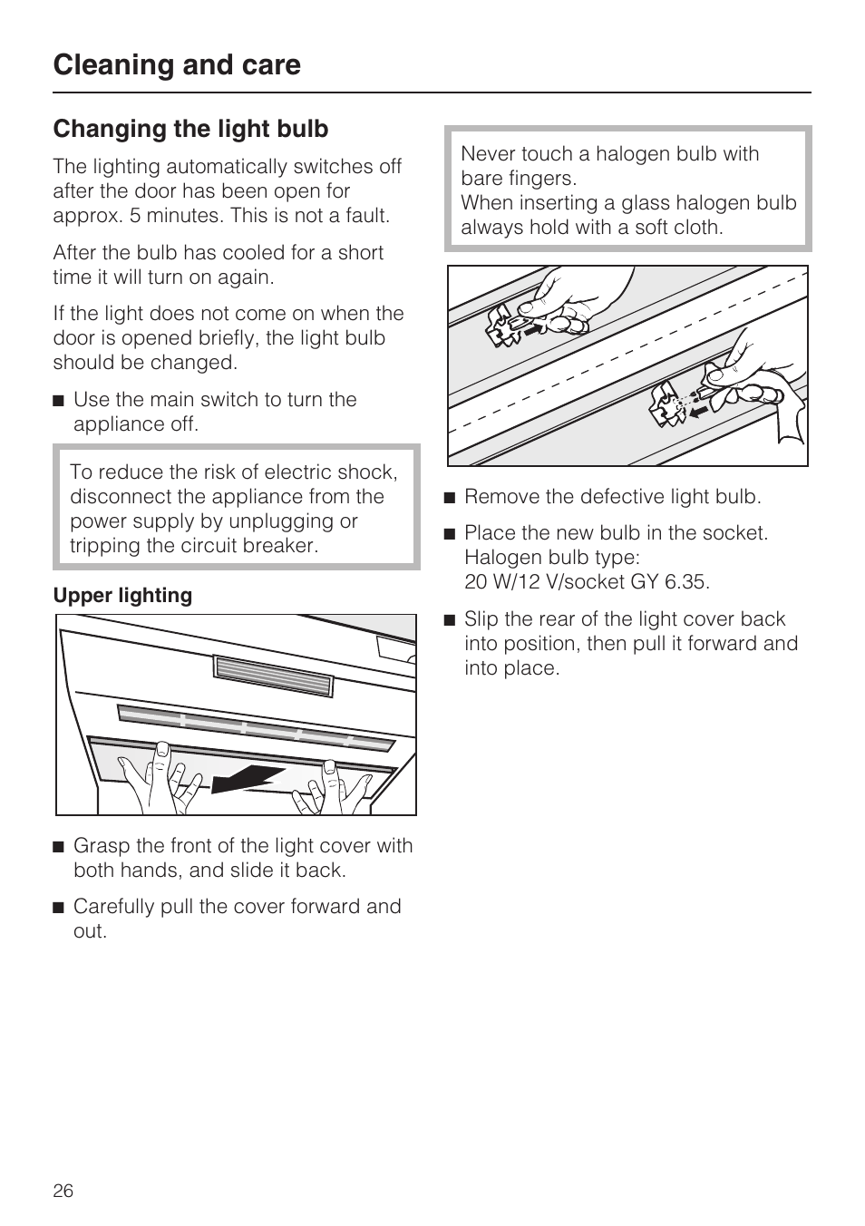 Changing the light bulb 26, Cleaning and care, Changing the light bulb | Miele F1411SF User Manual | Page 26 / 72