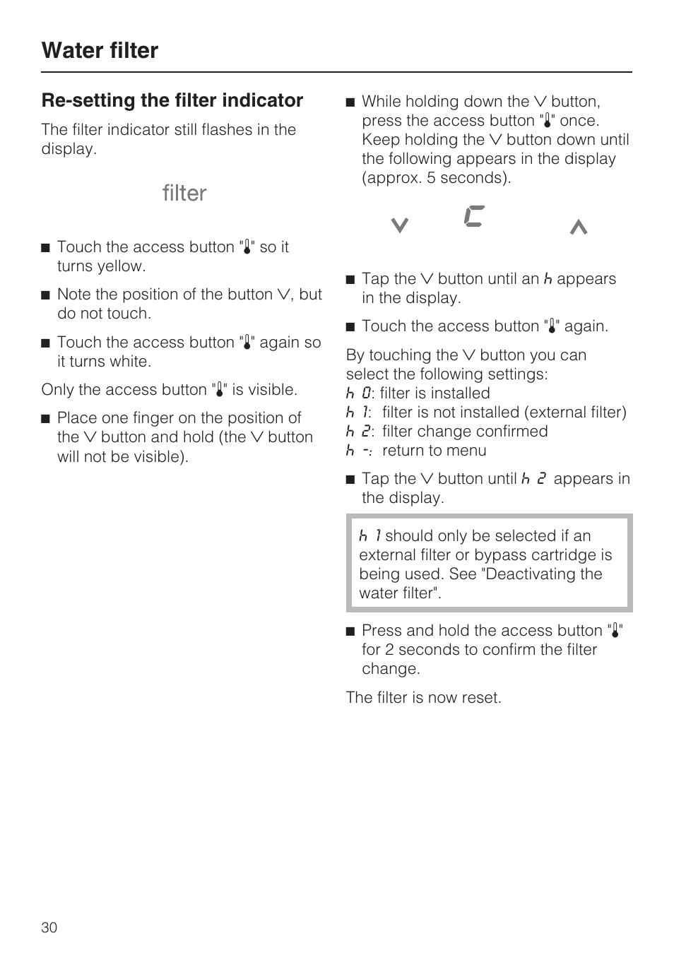 Water filter, Re-setting the filter indicator | Miele F1411SF User Manual | Page 30 / 72