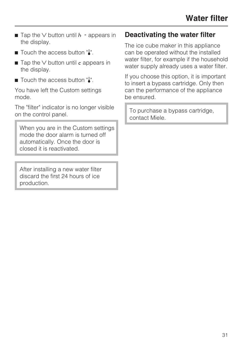 Water filter, Deactivating the water filter | Miele F1411SF User Manual | Page 31 / 72