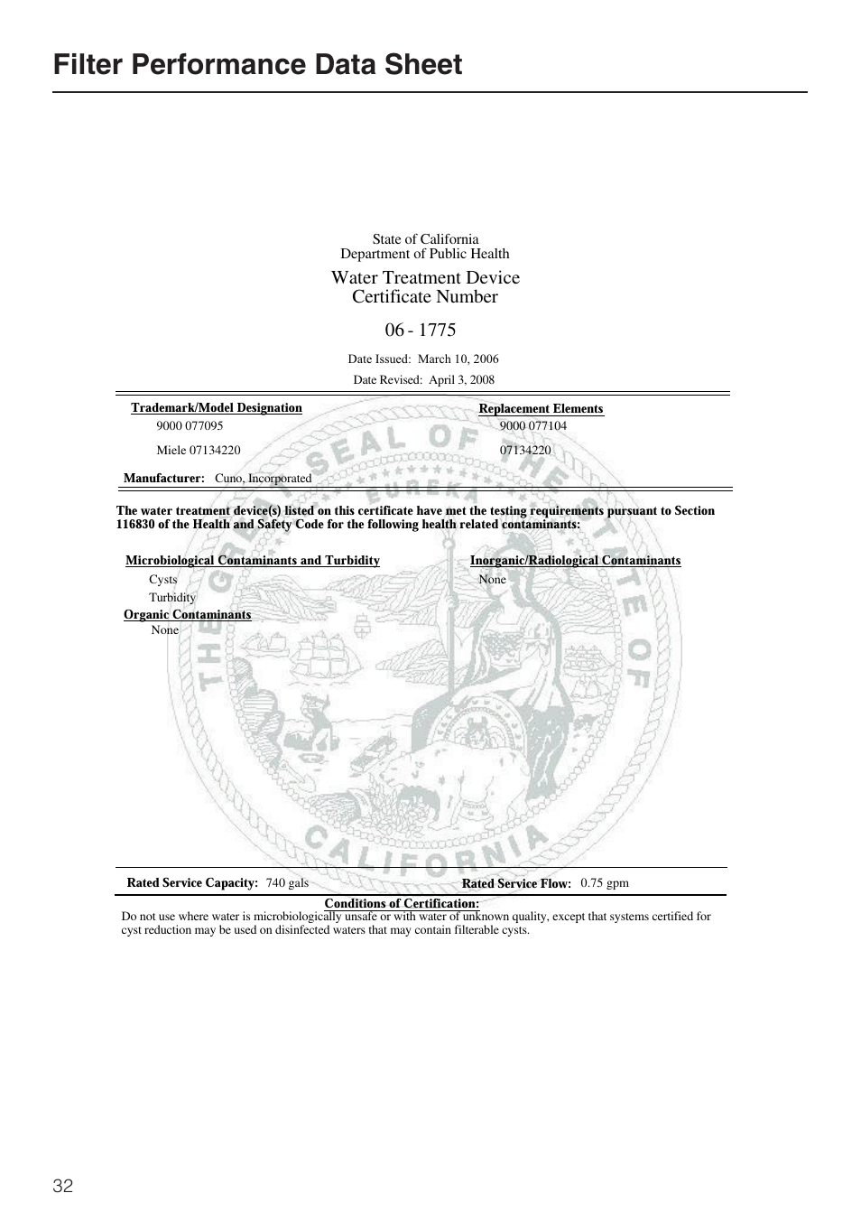 Filter performance data sheet 32, Filter performance data sheet, Water treatment device certificate number | Miele F1411SF User Manual | Page 32 / 72