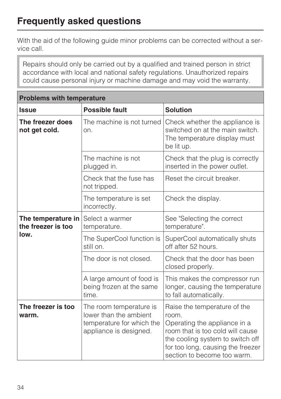 Frequently asked questions 34, Frequently asked questions | Miele F1411SF User Manual | Page 34 / 72