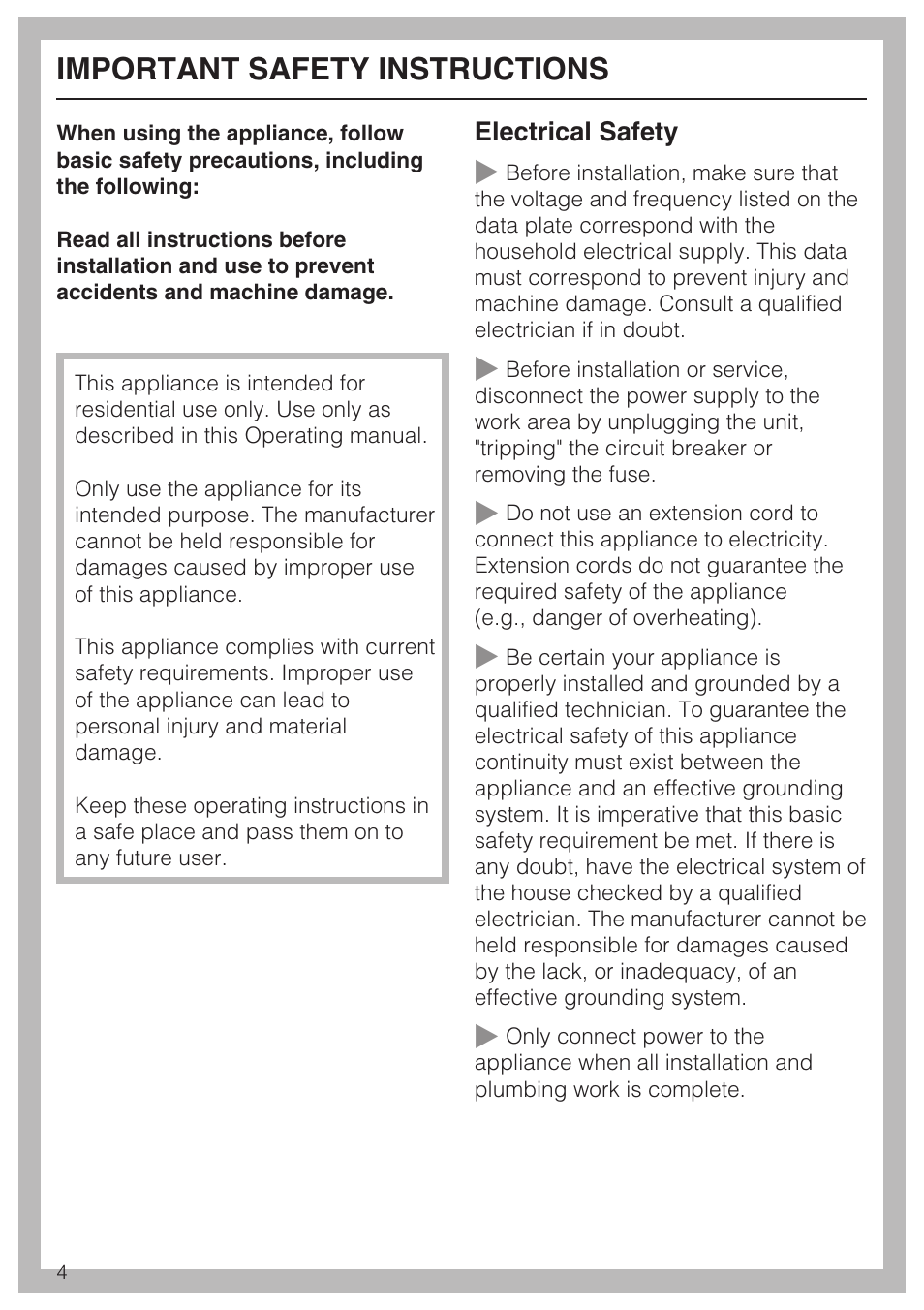 Important safety instructions 4, Important safety instructions | Miele F1411SF User Manual | Page 4 / 72