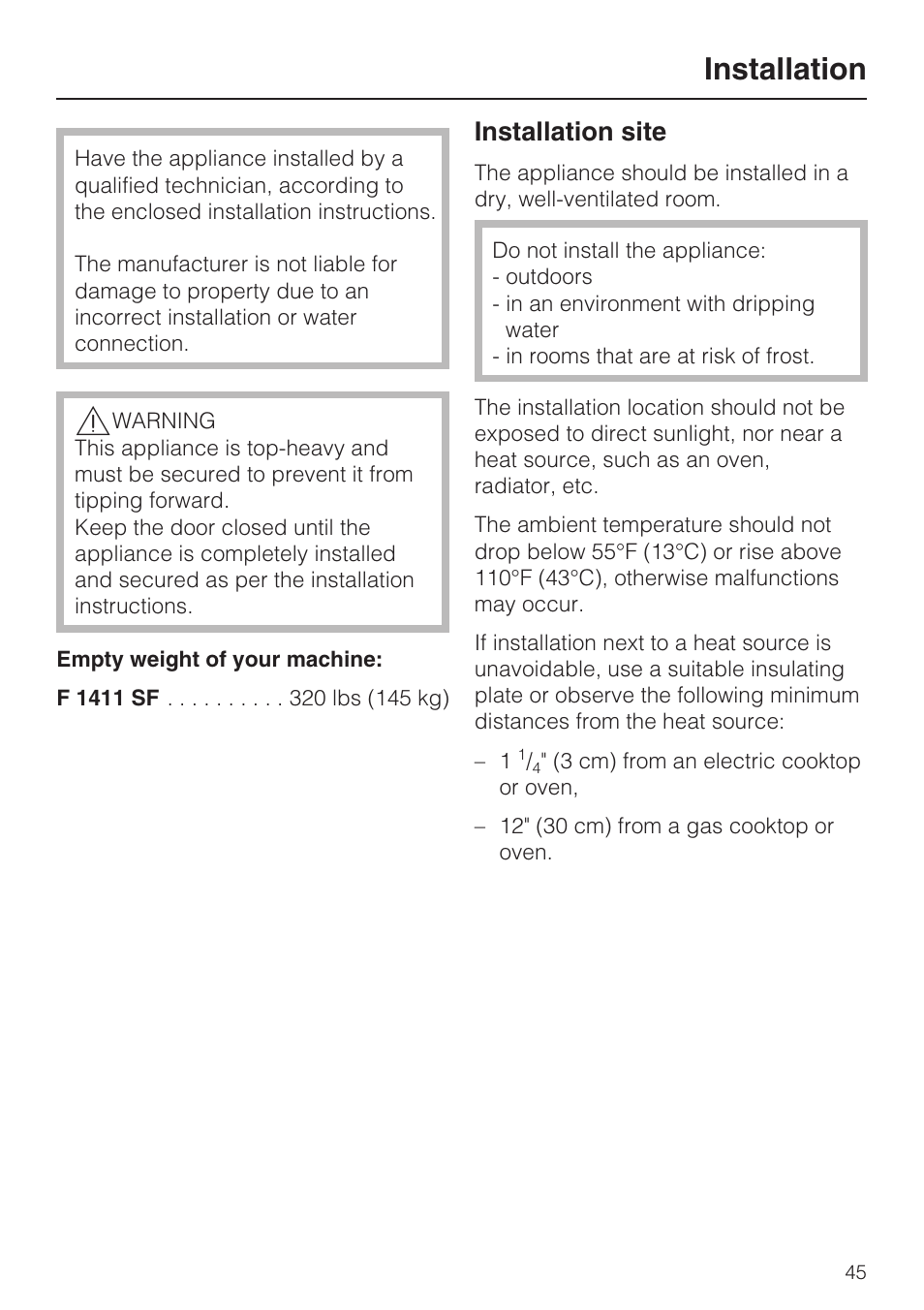 Installation 45, Installation site 45, Installation | Installation site | Miele F1411SF User Manual | Page 45 / 72
